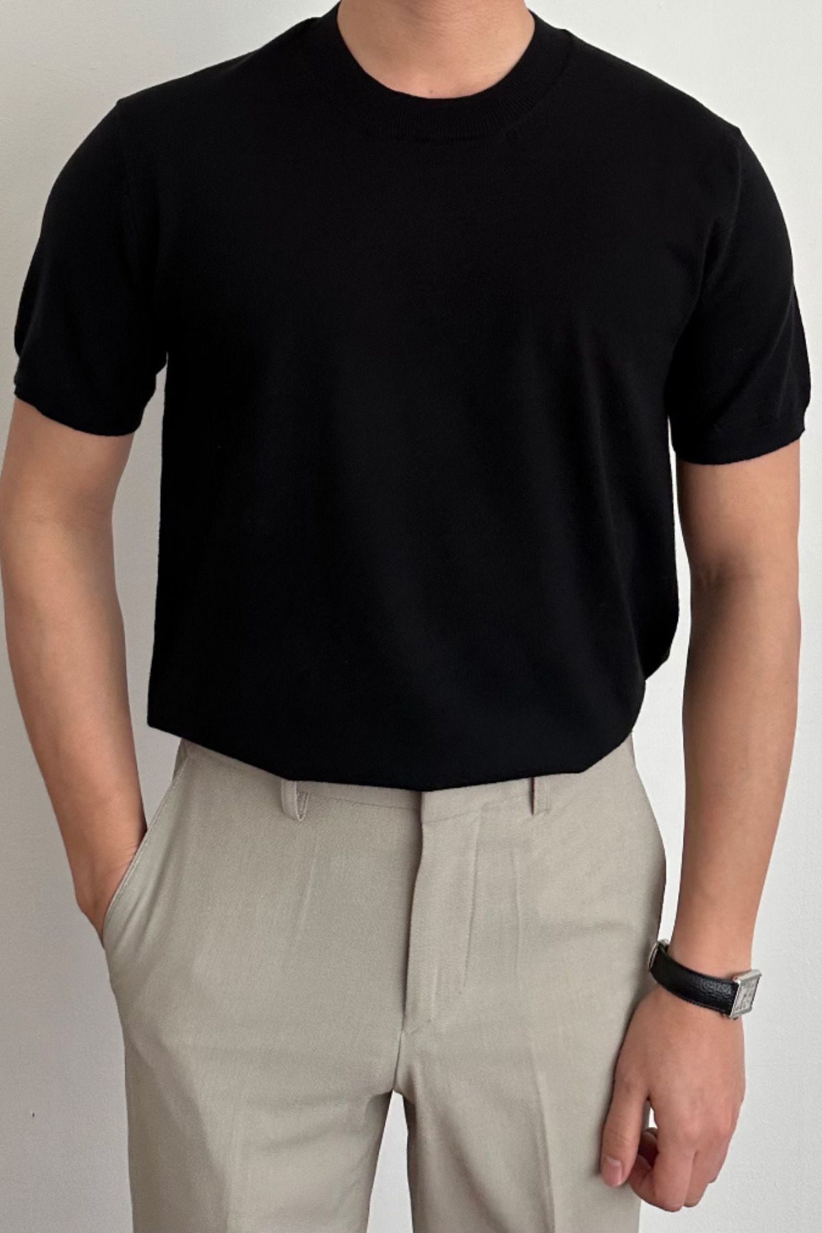 Tarz Cool Erkek Siyah Slim Fit Bisiklet Yaka Triko T-Shirt