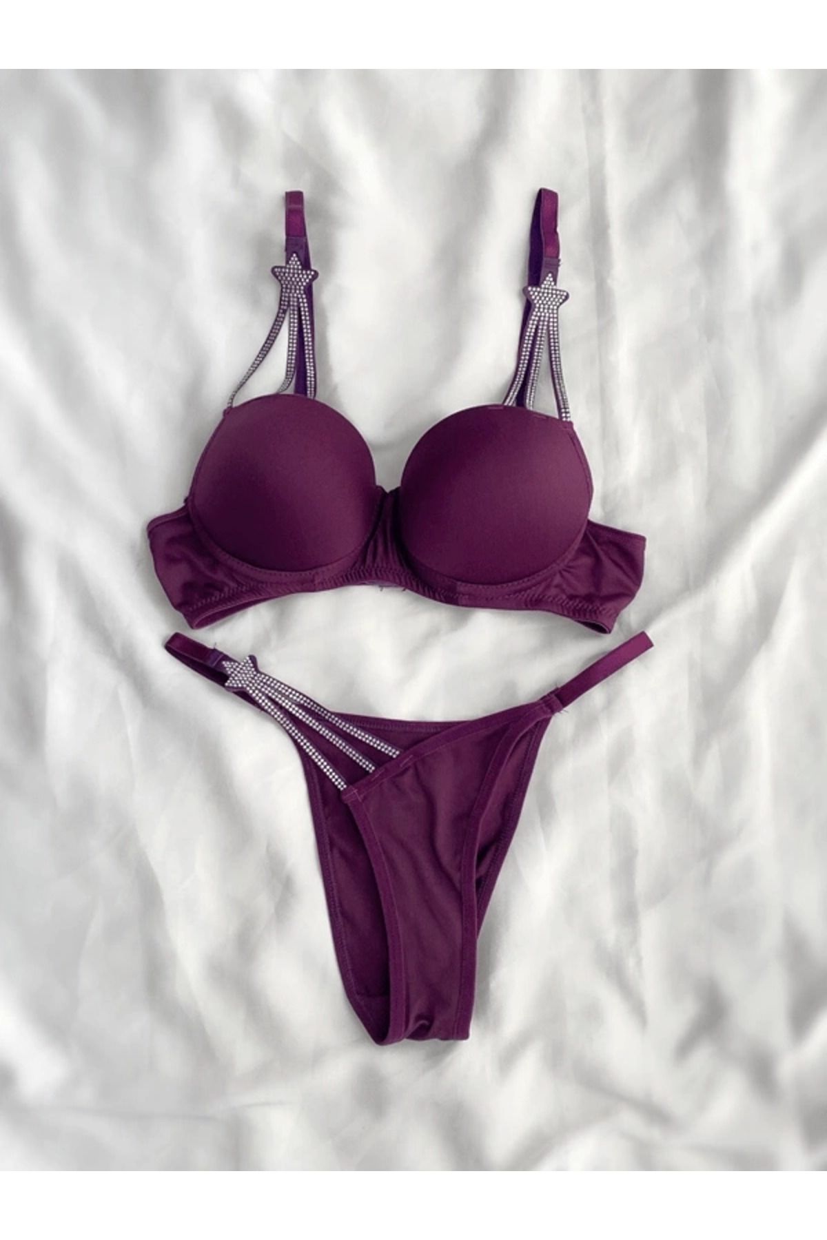 JUPİEL Stella Lingerie Yıldız Detaylı Taşlı Destekli Südyen Takım Mor
