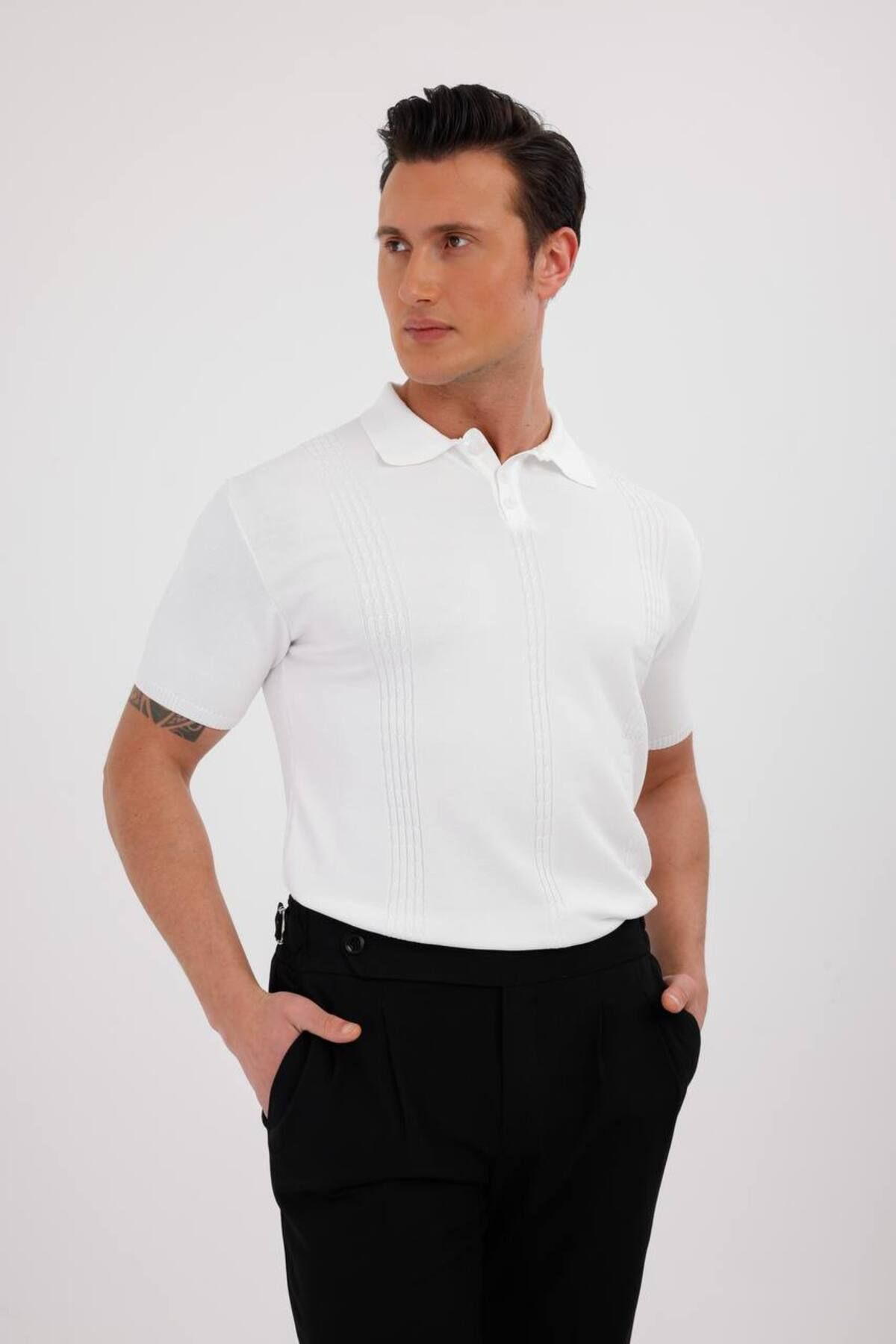 CULTURE BOUTIQUE Siyah Erkek Çizgi Desenli Polo Yaka T-Shirt, Erkek Siyah Tişört