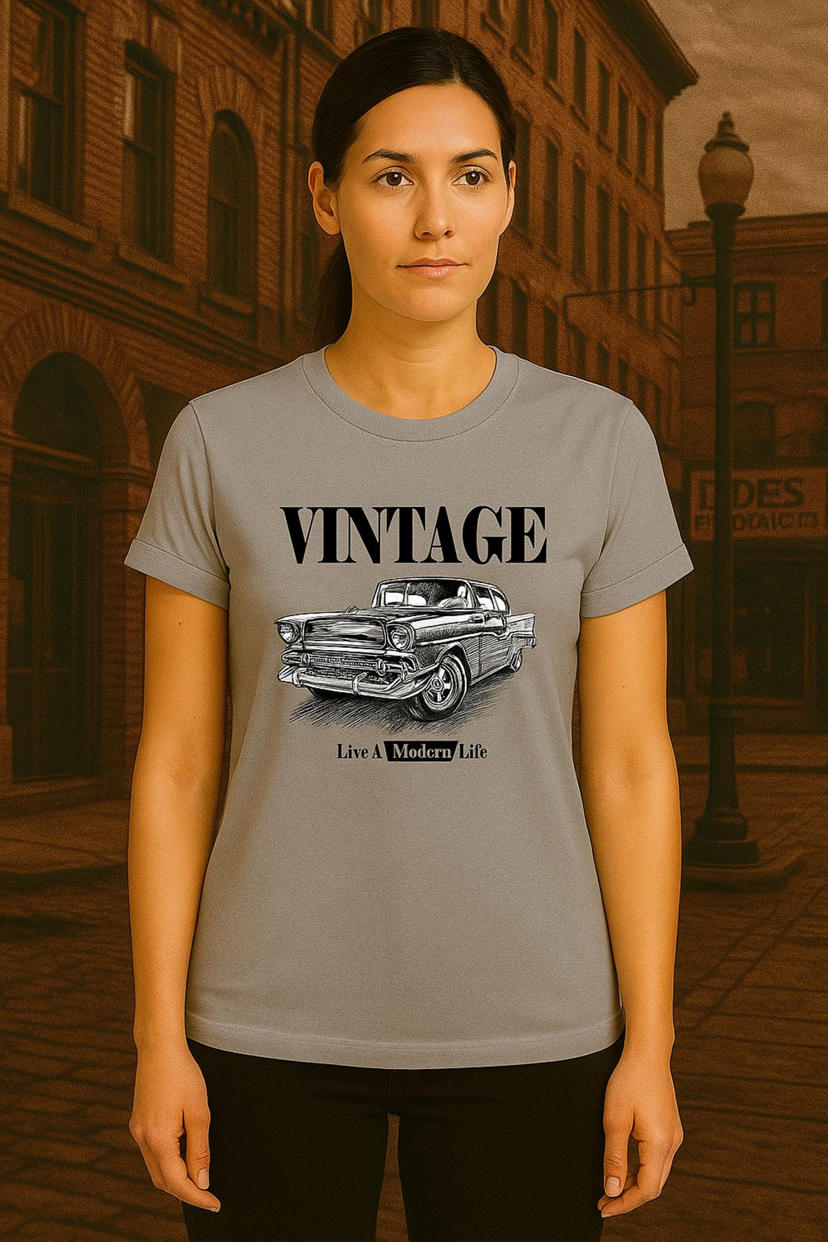 vikitekno vintage baskılı bisiklet yaka kolları katlamalı dar kesim kemer üstü Kadın Tişört