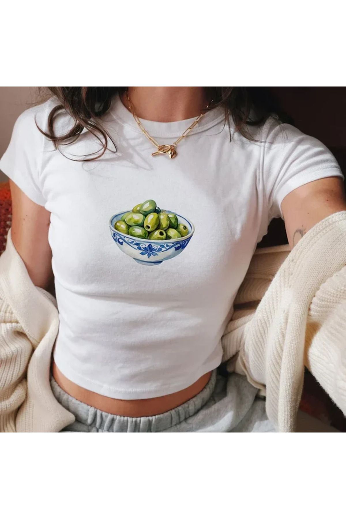 JANSO GROUP KADIN KISA KOLLU CROP TSHIRT BASKILI Yeşil zeytin PAMUKLU PENYE KUMAŞ