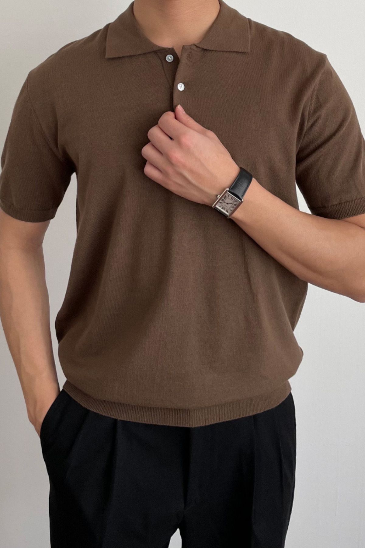 Tarz Cool Erkek Kahverengi Düğmeli Regular Fit Triko T-Shirt