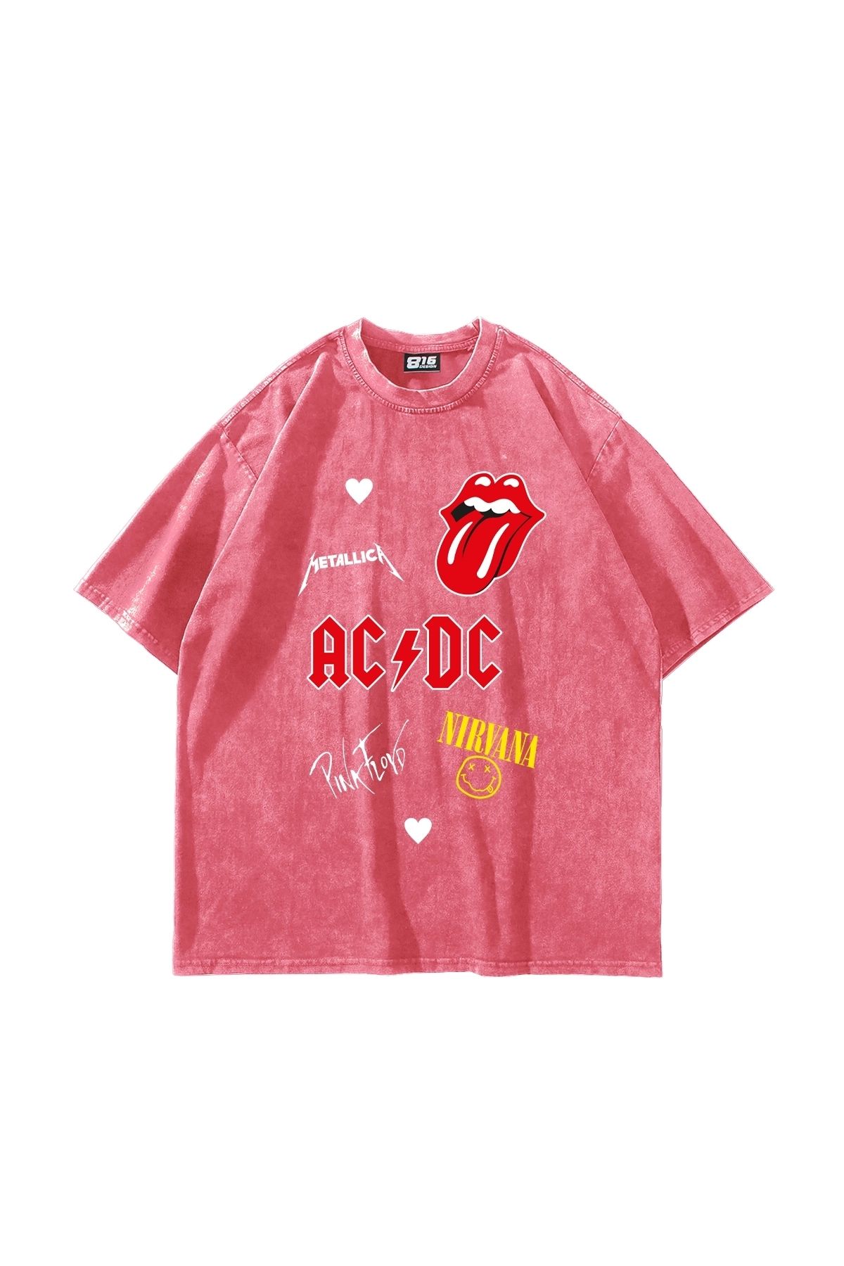 Sekizbiraltı Rock N Roll Baskılı Oversize Unisex Yıkamalı Pembe Tshirt