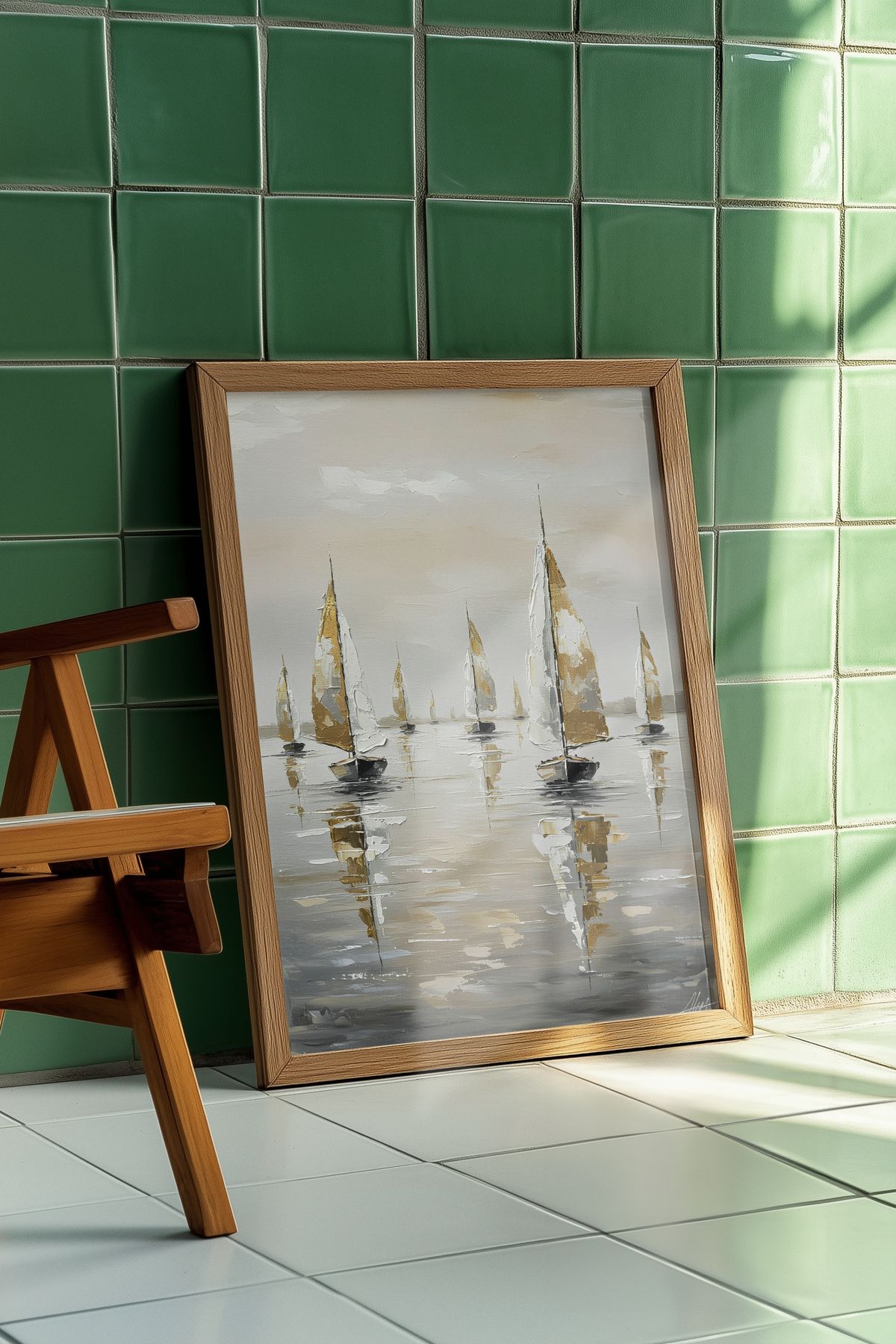 sames decoration Yağlı boya hissi veren deniz ve yelkenli - doğal ahşap çerçeveli MDF tablo