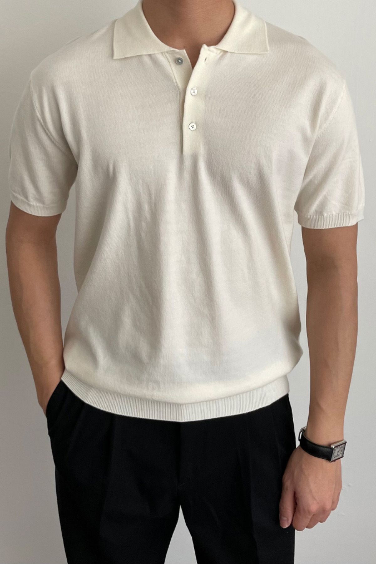 Tarz Cool Erkek Beyaz Düğmeli Regular Fit Triko T-Shirt