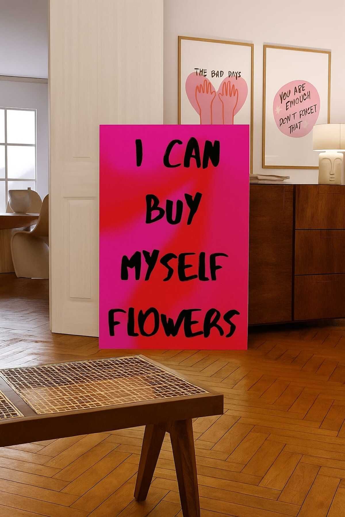 onurreklamonline “I Can Buy Myself Flowers” Yazılı Pembe Tablo – 50x30 cm – Dekota Üzeri Modern Duvar Dekoru
