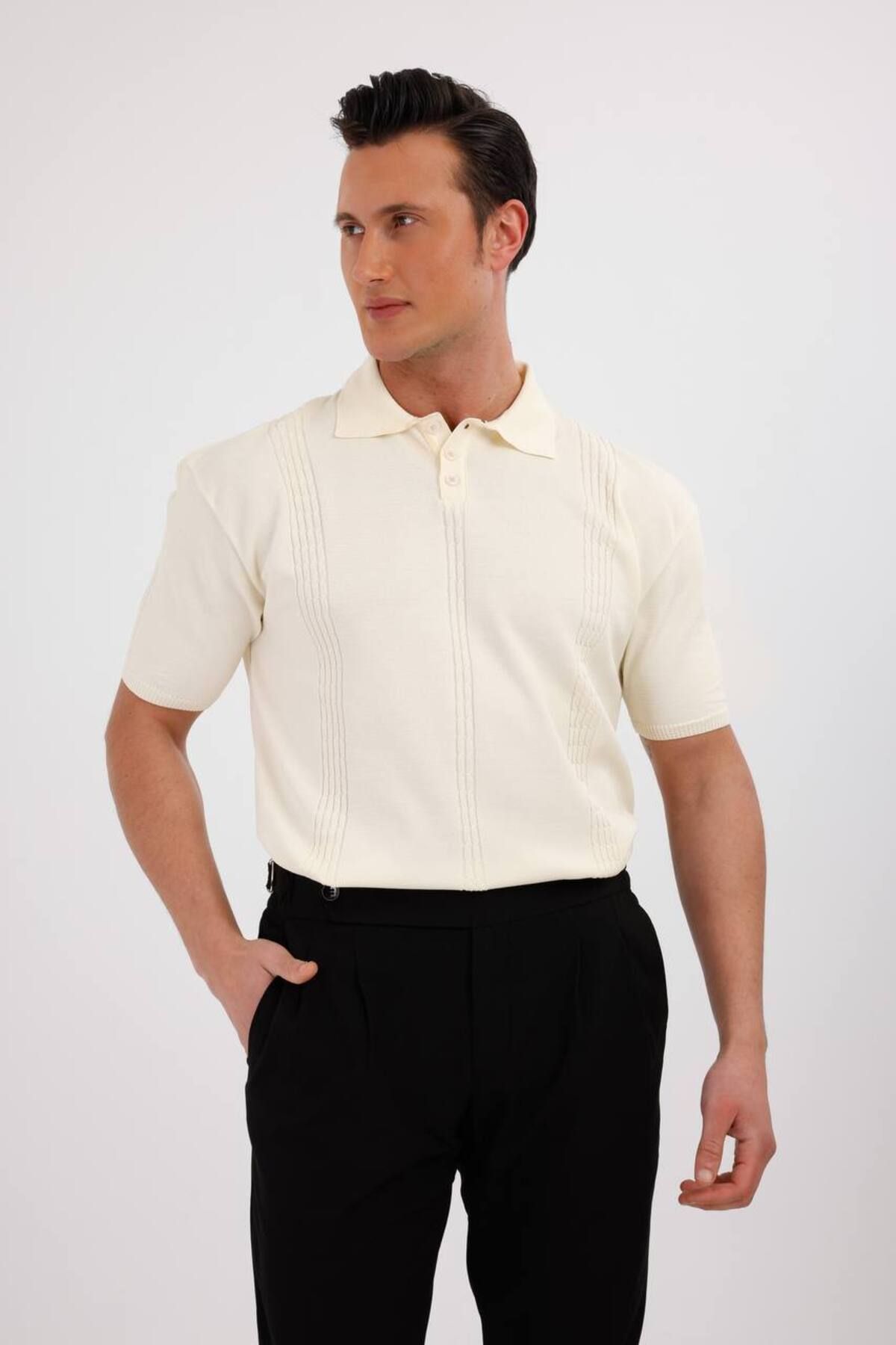 CULTURE BOUTIQUE Siyah Erkek Çizgi Desenli Polo Yaka T-Shirt, Erkek Siyah Tişört