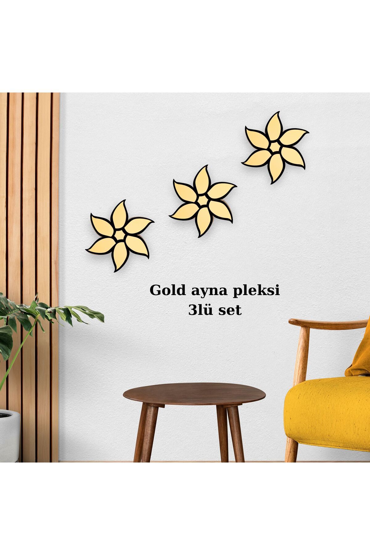 HippoDeco Gold Ayna Pleksi Çiçek Duvar Dekoru | Tekli, 2’li ve 3’lü Set | MDF Üzeri Modern Duvar Süsü