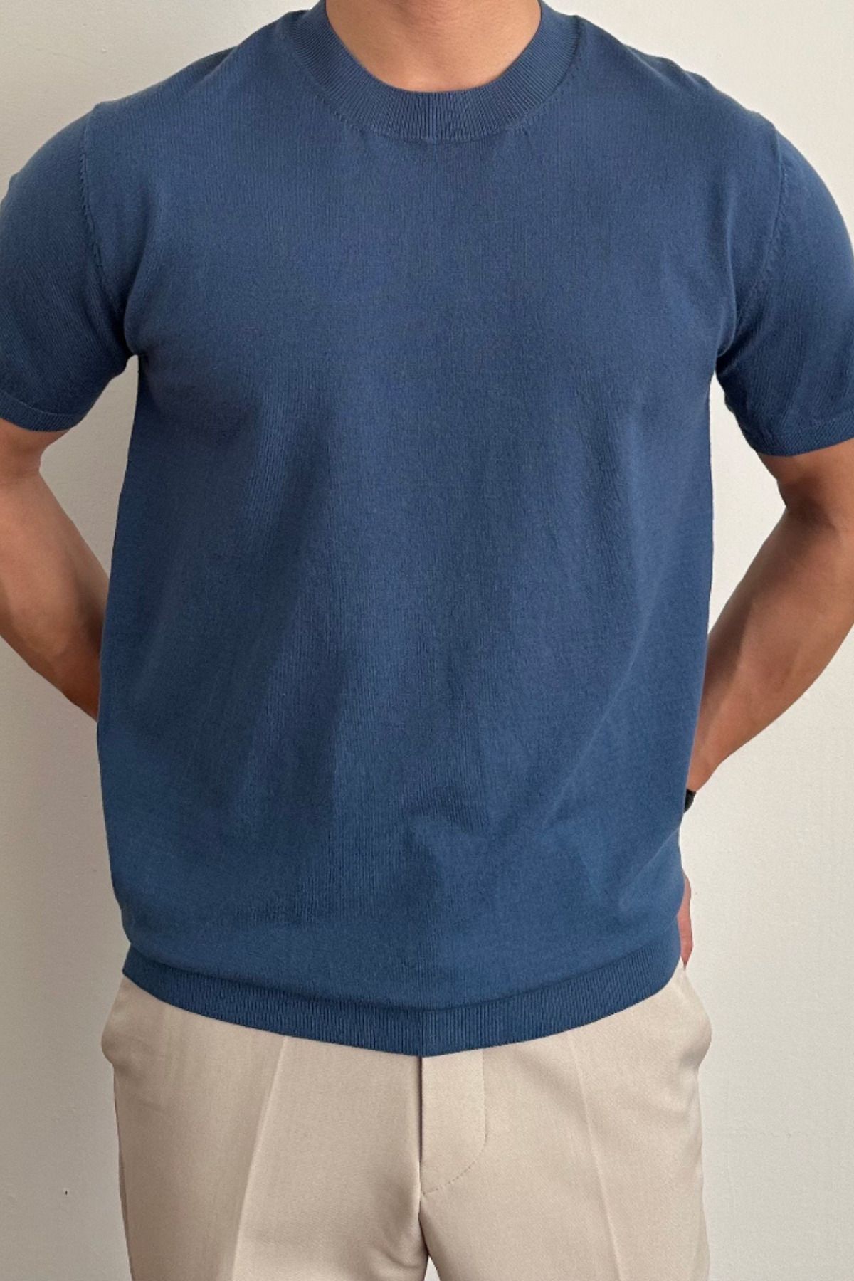 Tarz Cool Erkek Saks Slim Fit Bisiklet Yaka Triko T-Shirt