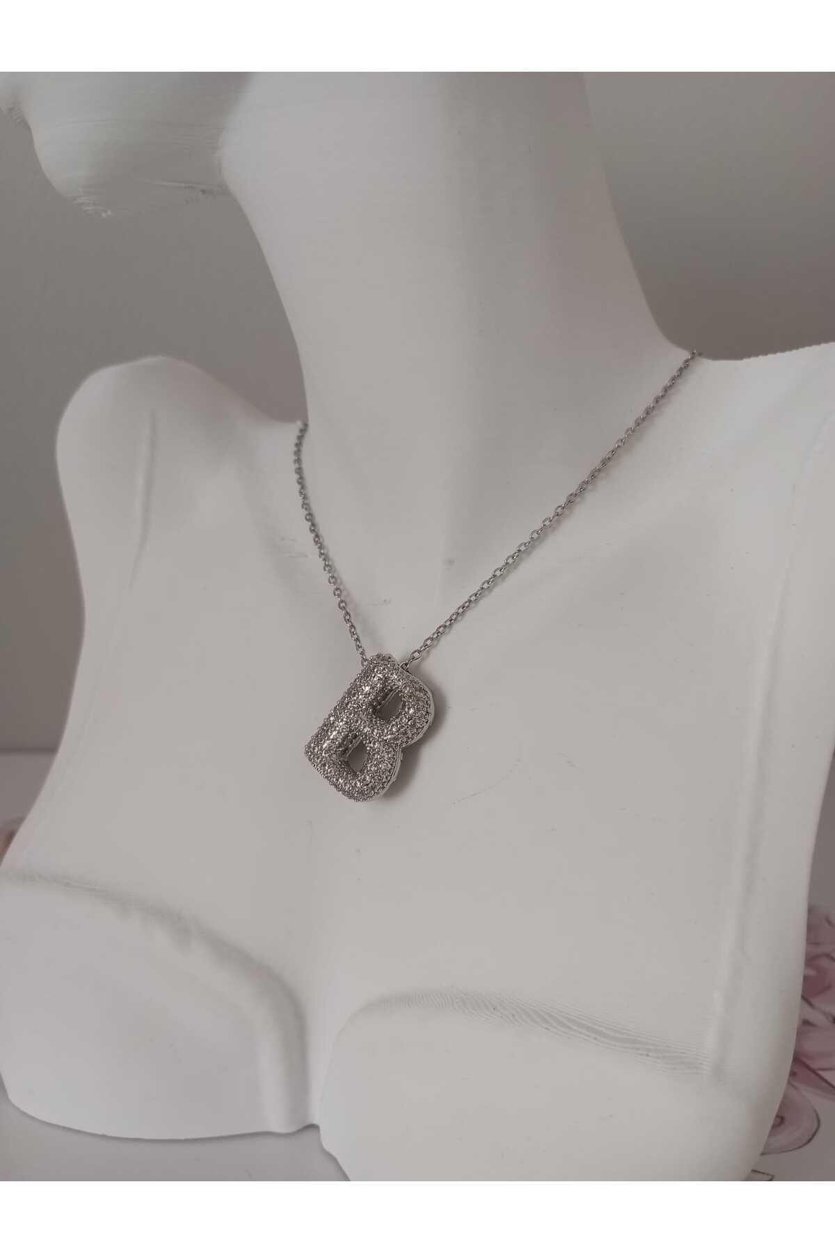 sessjewelry Kadın Çelik Silver Zirkon Taşlı B Harfli Kolye