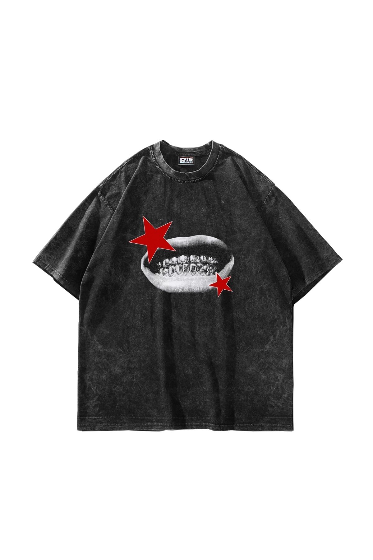 Sekizbiraltı Teeth Star Baskılı Oversize Unisex Yıkamalı Siyah Tshirt