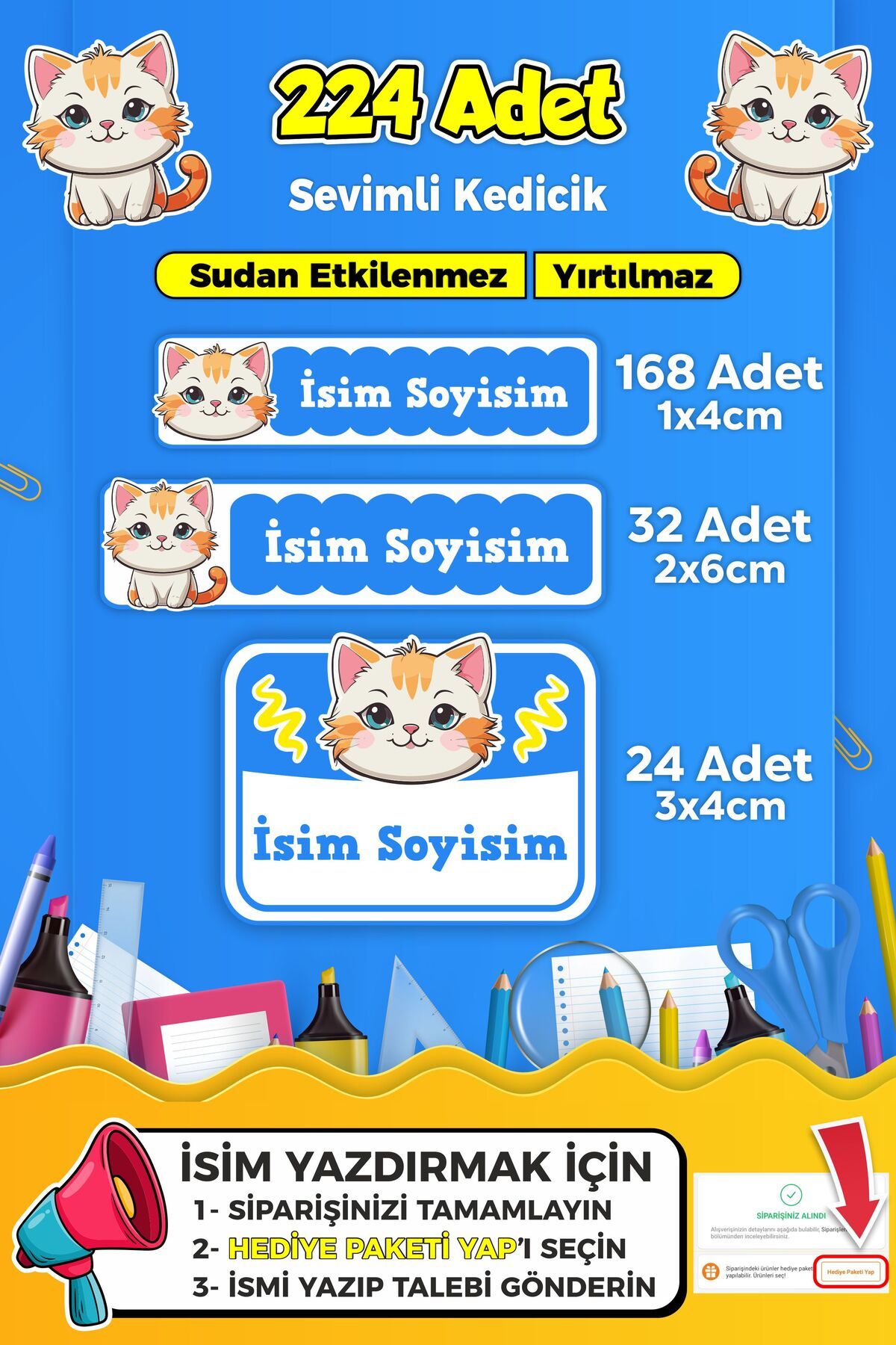SB store Sevimli Kedi Temalı Okul Kreş Kişiye Özel isim Etiket Seti - Model 347