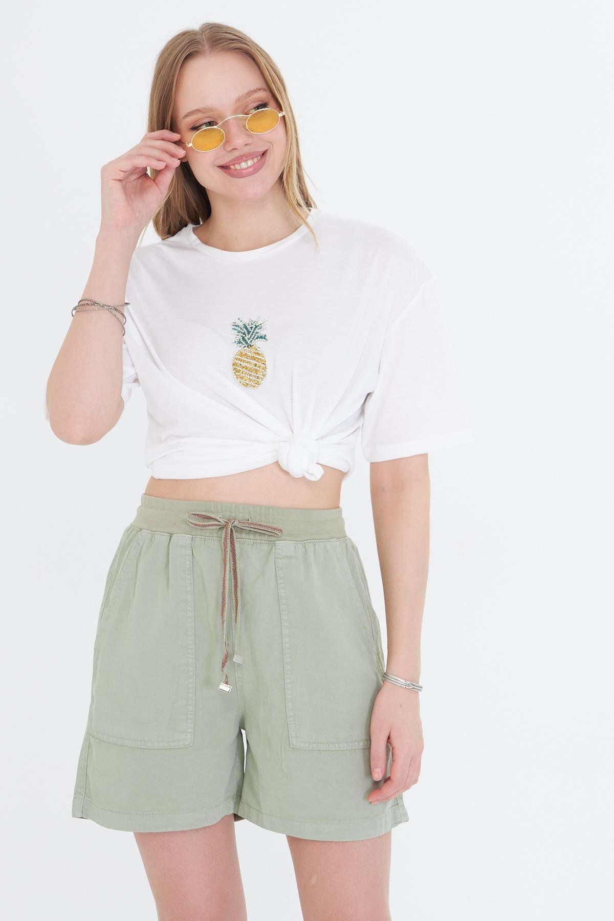 TIFFANY&TOMATO Ananas Baskılı Taşlı T-shirt - Ekru