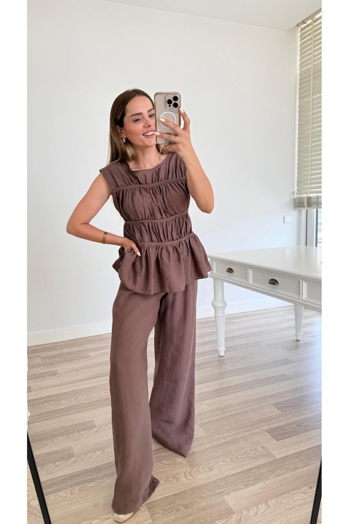 pelin yıldız butik Krista Nervürlü Bluz Pantolon Takım