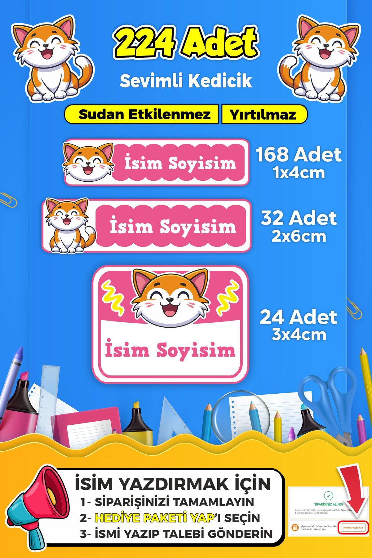 SB store Sevimli Kedi Temalı Okul Kreş Kişiye Özel isim Etiket Seti - Model 340