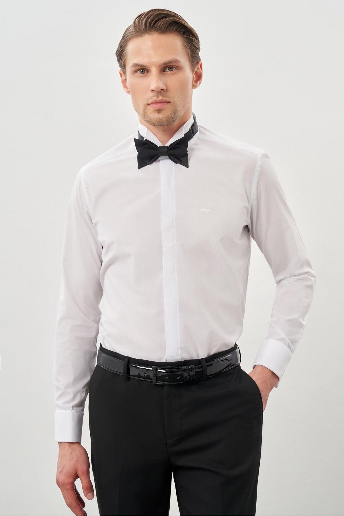 İmza Beyaz Uzun Kol Düz Bez Ayağı Ata Yaka Cepsiz Pamuklu Basic Slim Fit Gömlek 1004250060_600