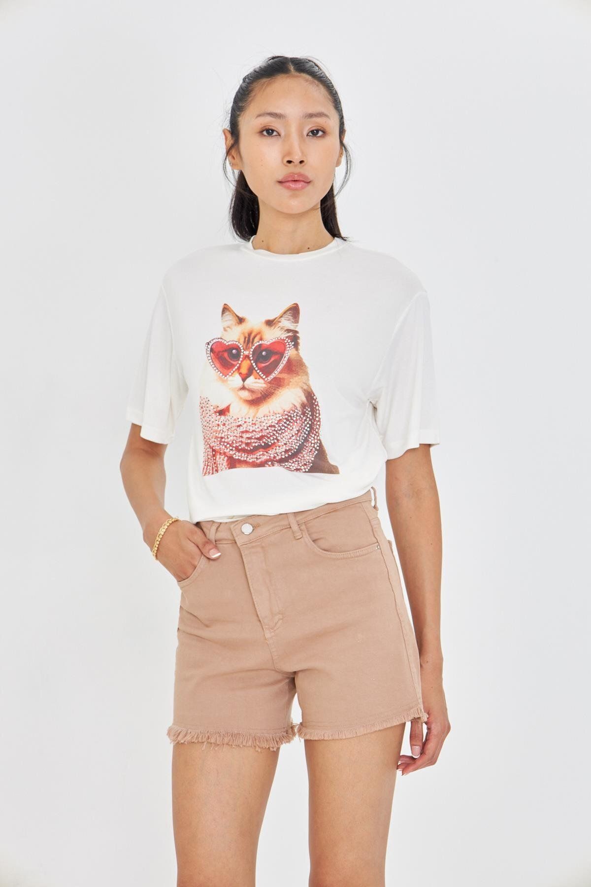 TIFFANY&TOMATO Taşlı Gözlüklü Kedi Baskılı T-Shirt
