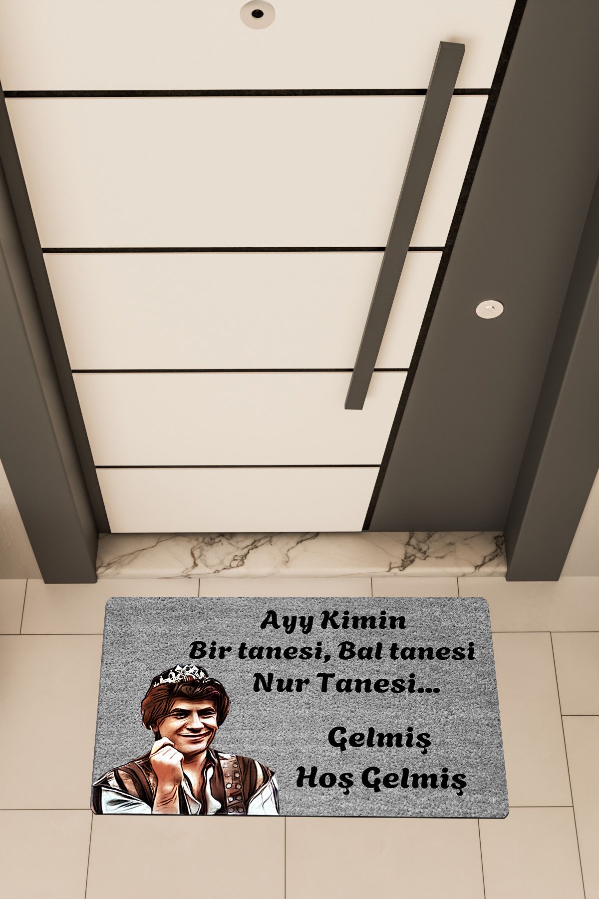 Dormot Home Yüksek Kaliteli Dijital Baskı Gri, Prens Bir Tanesi,Bal Tanesi, temalı Kapı Önü Paspası