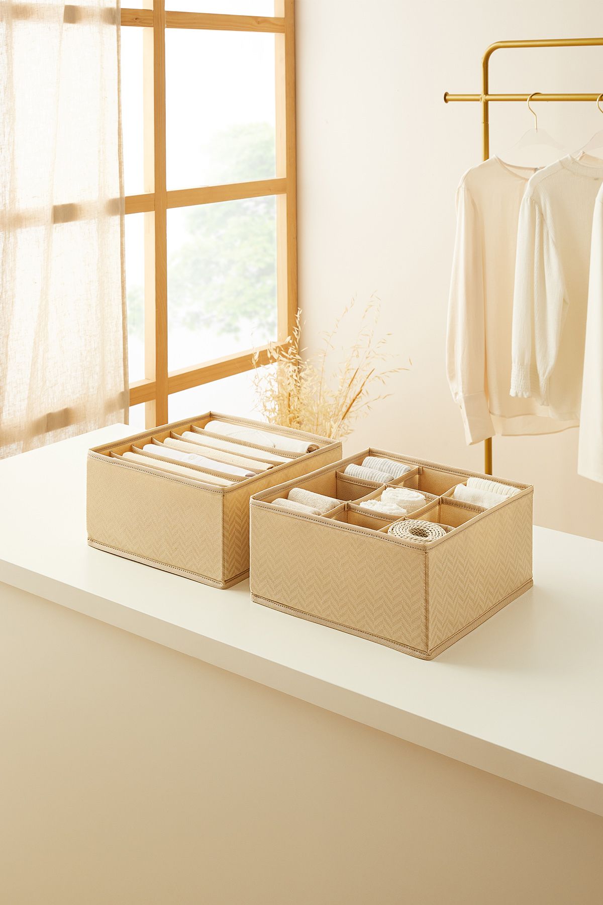Ocean Home Textile 2'li Bölmeli Bej Balıksırtı Çekmece İçi Düzenleyici Kutu Set