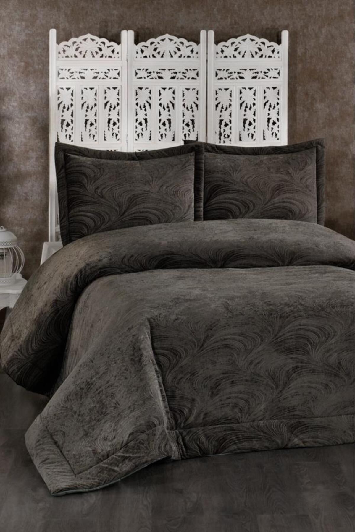 Çeyiz Diyarı Efsun Elyaf Dolgulu Çift Kişilik 250x255 Cm Yatak Örtüsü Antrasit