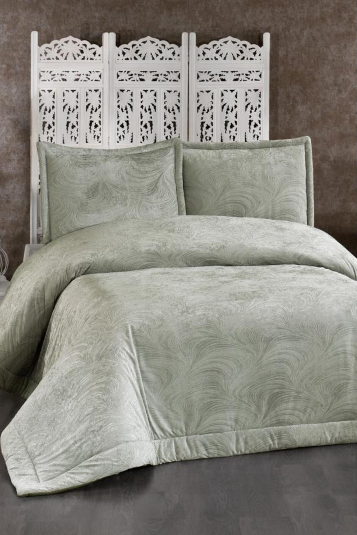 Çeyiz Diyarı Efsun Elyaf Dolgulu Çift Kişilik 250x255 Cm Yatak Örtüsü Adaçayı