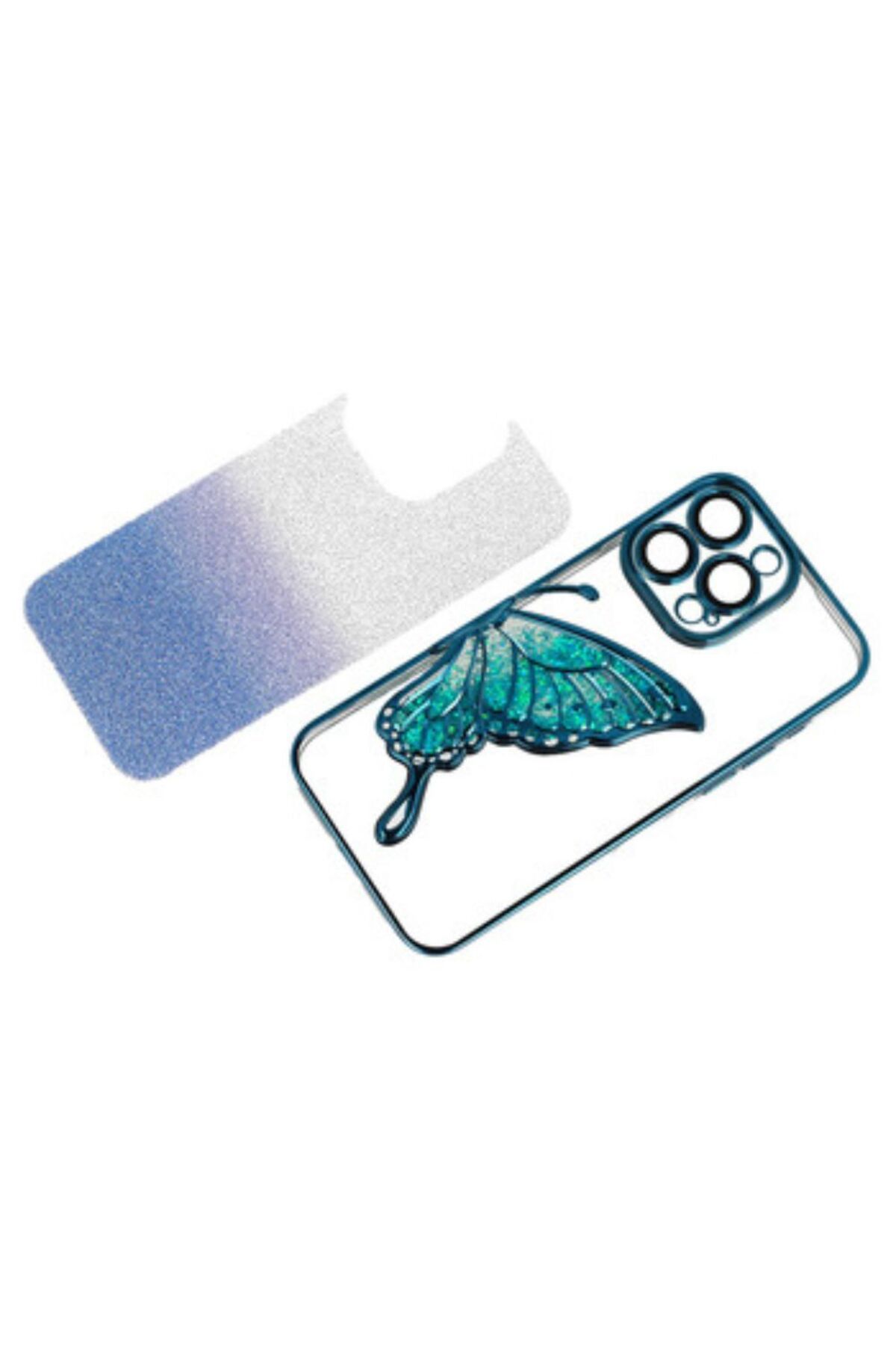 Gtech-Elegant Glitter Case Compatible with Apple iPhone 14 Pro, Embossed Butterfly Pattern, Metallic, Blue 3