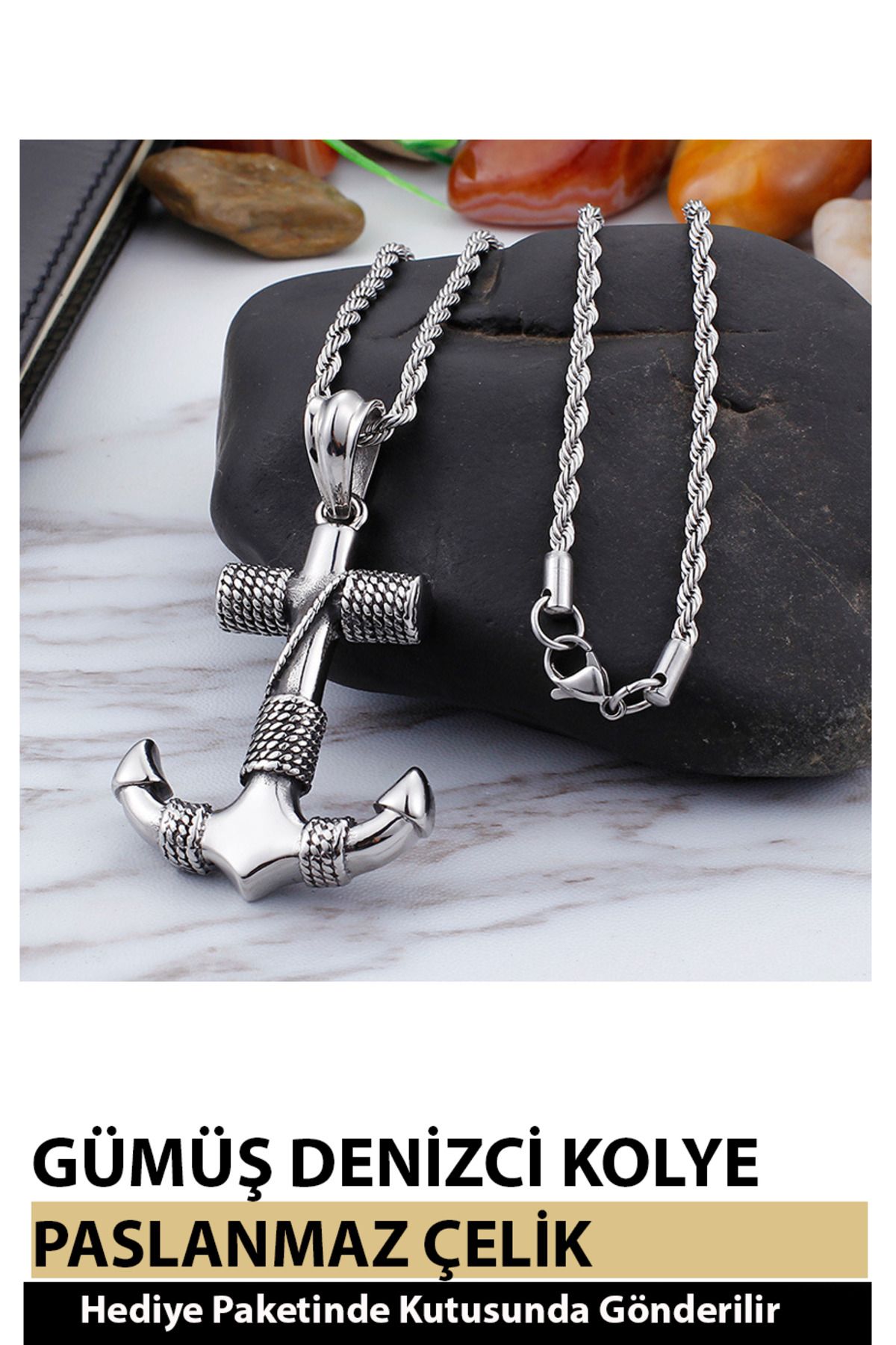 Nehir Modern Tasarımlı Unisex Moda Çapa Melek ve Pusula Kolye