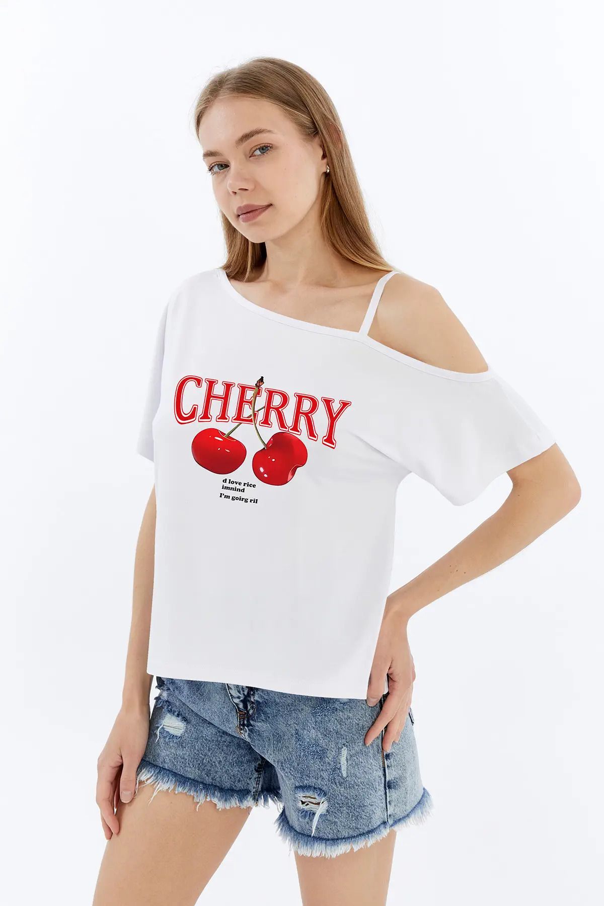 MYFORA Cherry Kiraz Desenli Viskon Asimetrik Tek Askılı Bluz Tişört