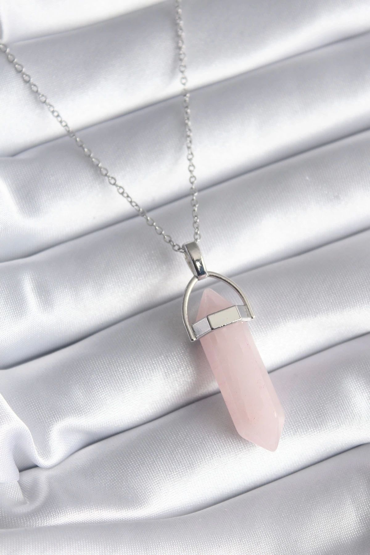 Generic 316L Çelik Gümüş Renk Pembe Taşlı Kadın Kolye