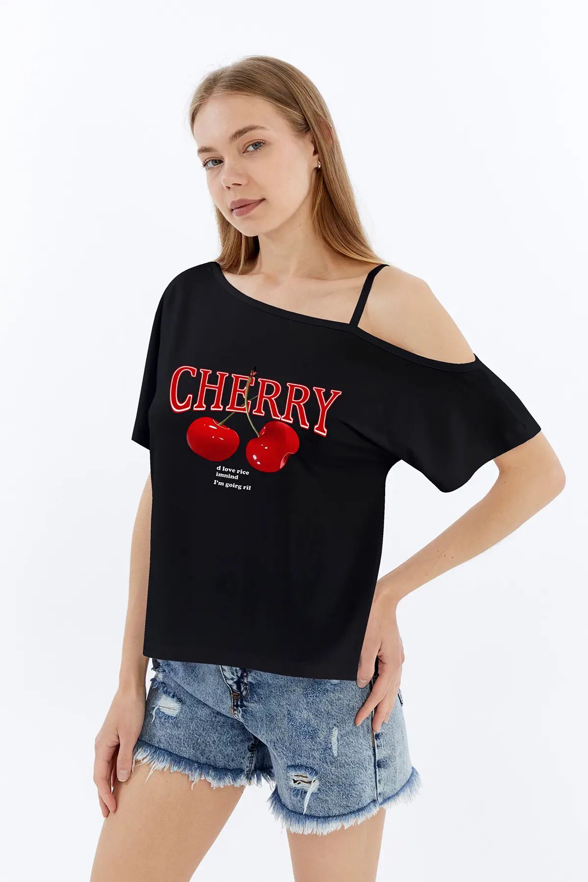MYFORA Cherry Kiraz Desenli Viskon Asimetrik Tek Askılı Bluz Tişört