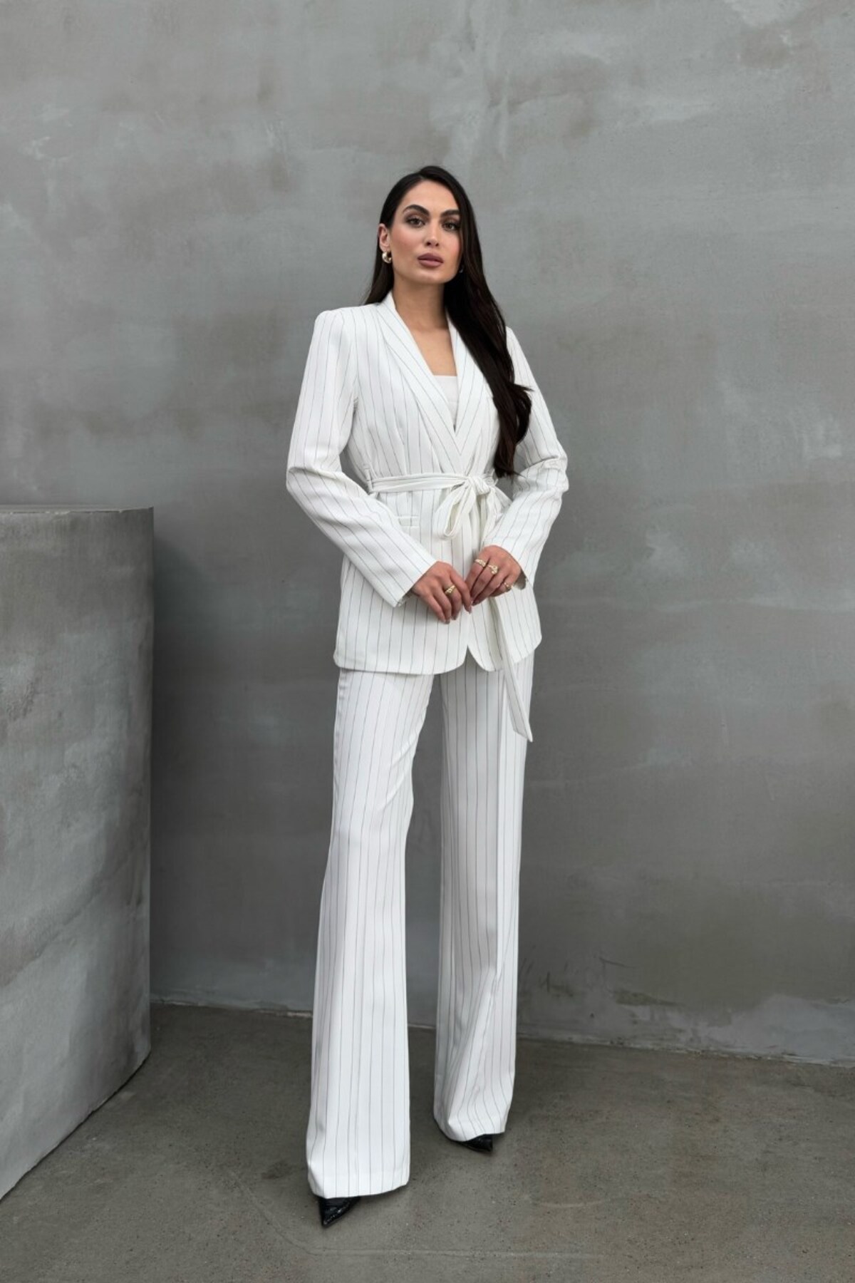 spirituel Women's Striped Belted Blazer Jacket Pants Suit