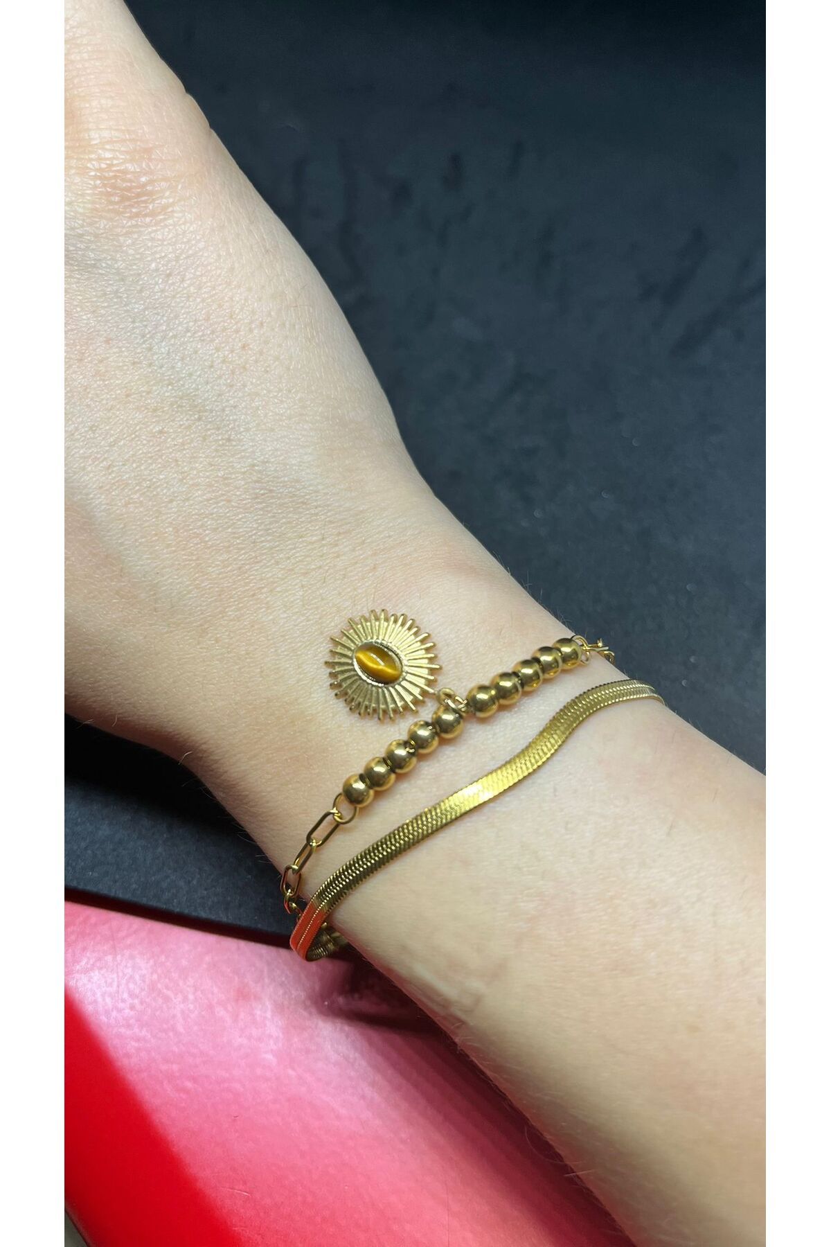 LASSSTORE ÇELİK GOLD İKİLİ DAMLA CHARMLI BİLEKLİK