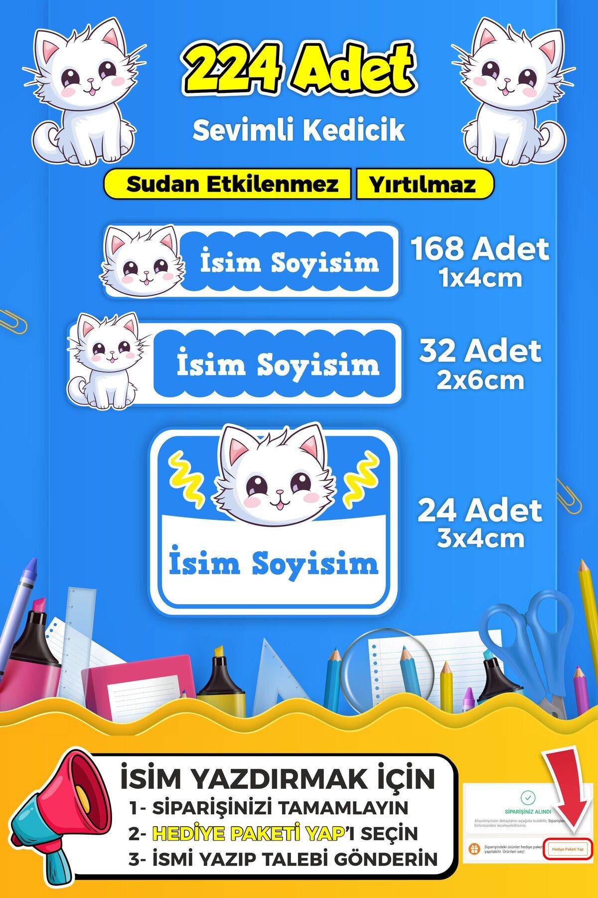 SB store Sevimli Kedi Temalı Okul Kreş Kişiye Özel isim Etiket Seti - Model 358