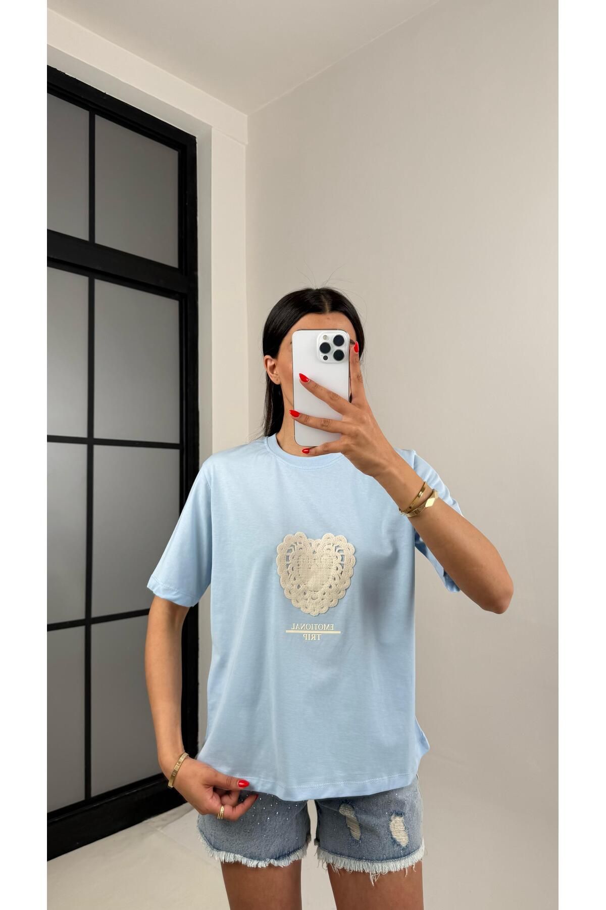 Gaus Mavi Kalp Nakışlı Tshirt Gaus00505