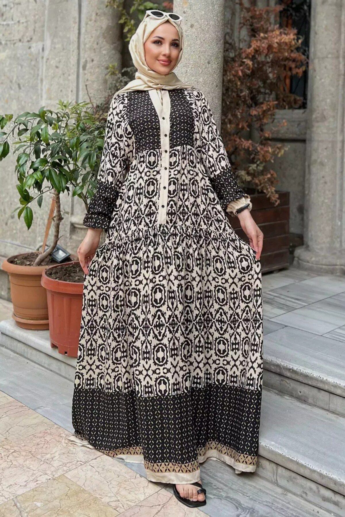 Aysan Moda Kadın Siyah Krem Desenli Viskon Tesettür Elbise
