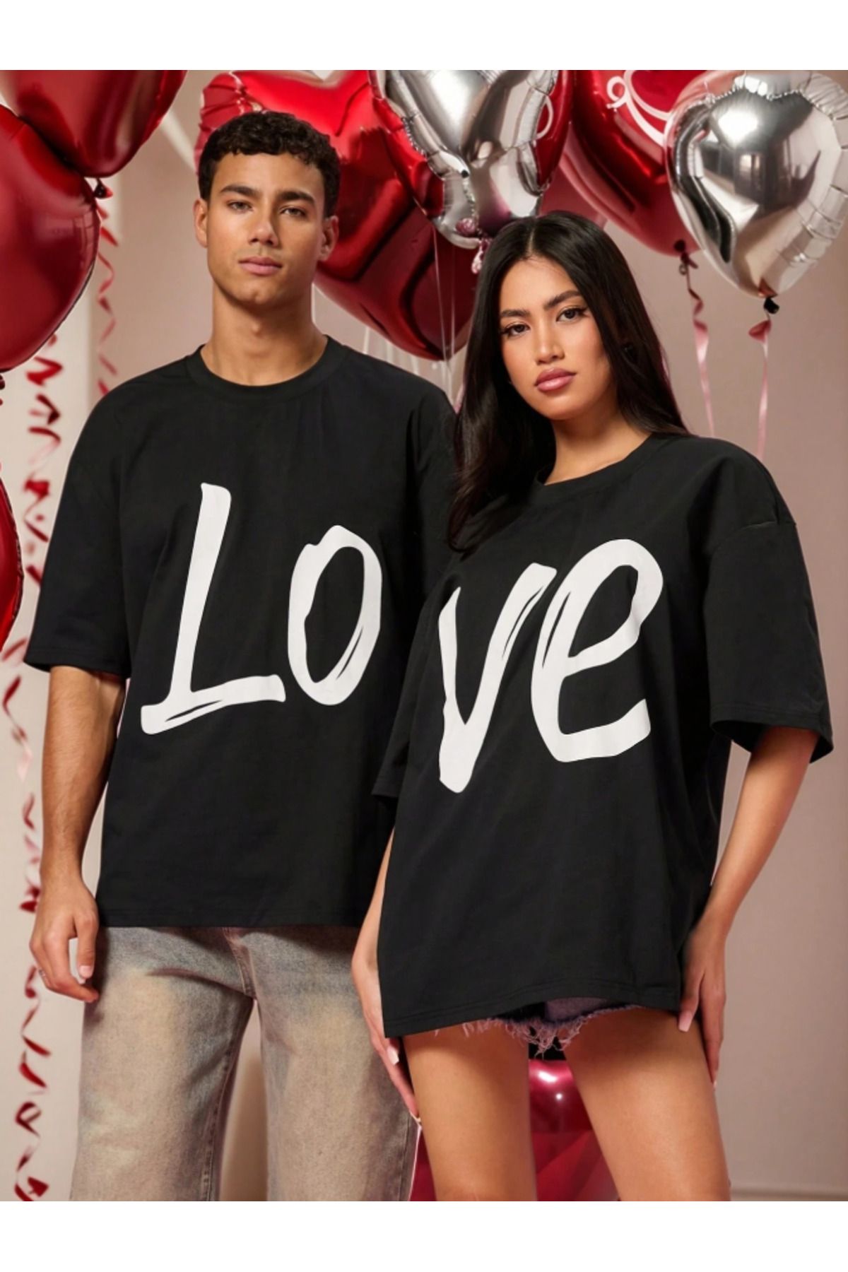 COHERENT Unisex Erkek/Kadın LOVE ÖZEL BASKI Sevgili Çift Kombini Beyaz Oversize Tshirt 2'li Set