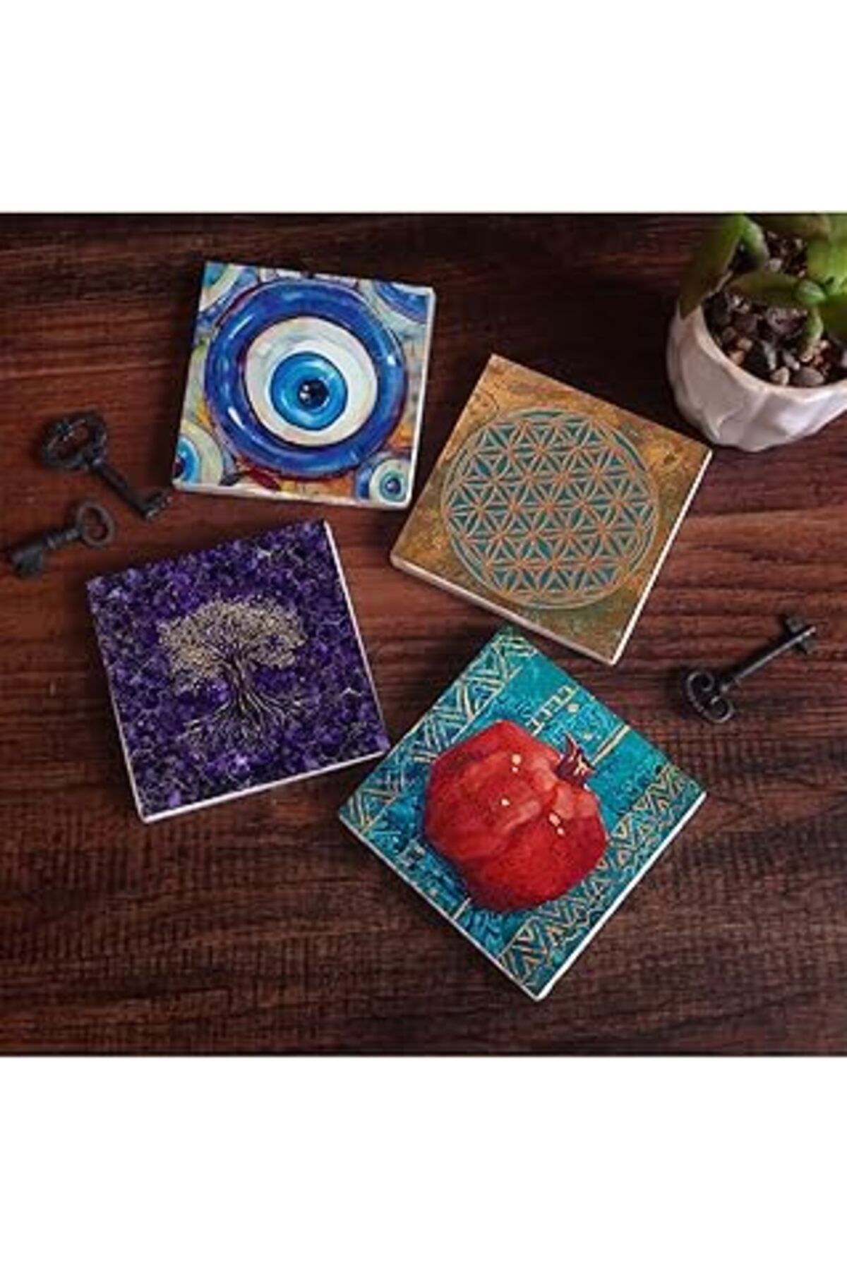 TBSProjects Pinecone Nazar, Yaşam Çiçeği, Hayat Ağacı, Nar Taş Bardak Altlığı Seti - 4 Parça - Dekoratif, Rusti