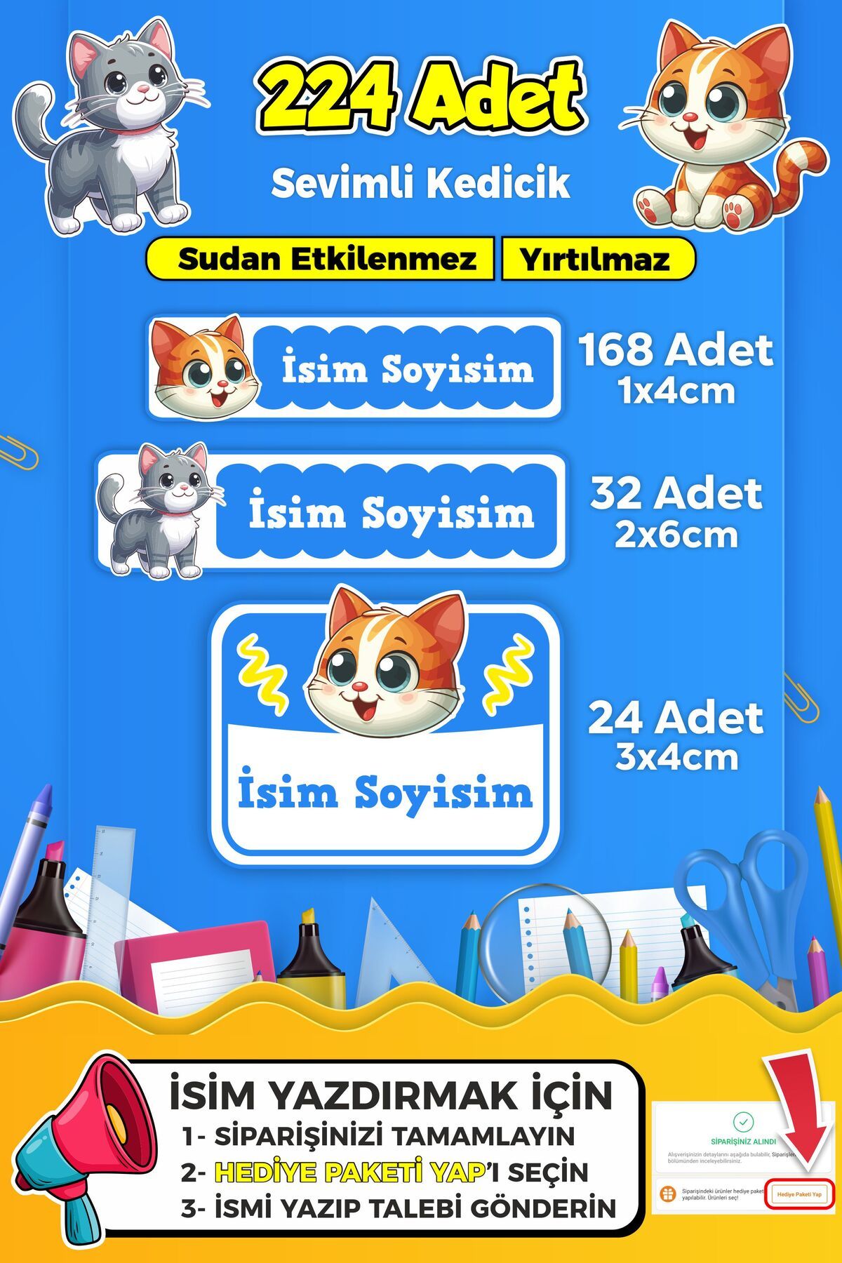 SB store Sevimli Kedi Temalı Okul Kreş Kişiye Özel isim Etiket Seti - Model 364