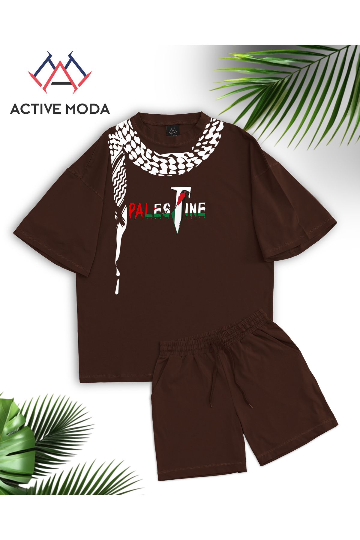 JANSO GROUP -ERKEK PAMUKLU BASKILI Palestine TSHIRT-ŞORT TAKIMI 2Lİ OVERSİZE BÜYÜK BEDEN