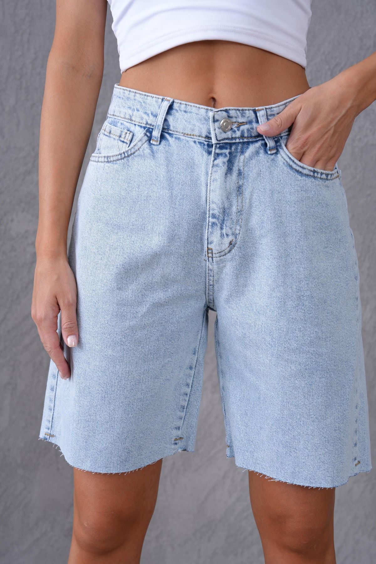 WOMAN VISION Kadın Açık Mavi Yüksek Bel Kot Şort Rahat Kalıp Yazlık Jeans Şort 70367