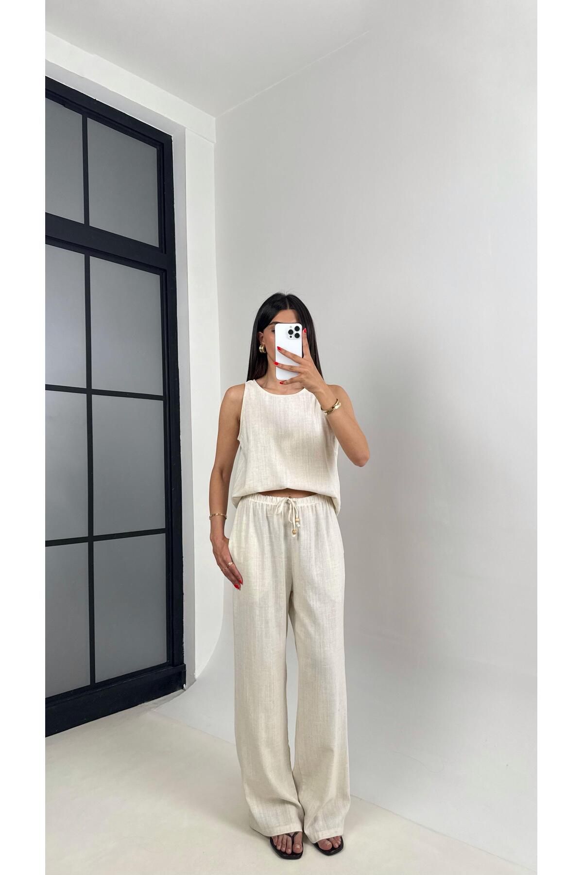 Gaus Taş Sıfır Kol Bluz Beli Lastikli Pantolon Md Muadil Keten Takım Gaus00495