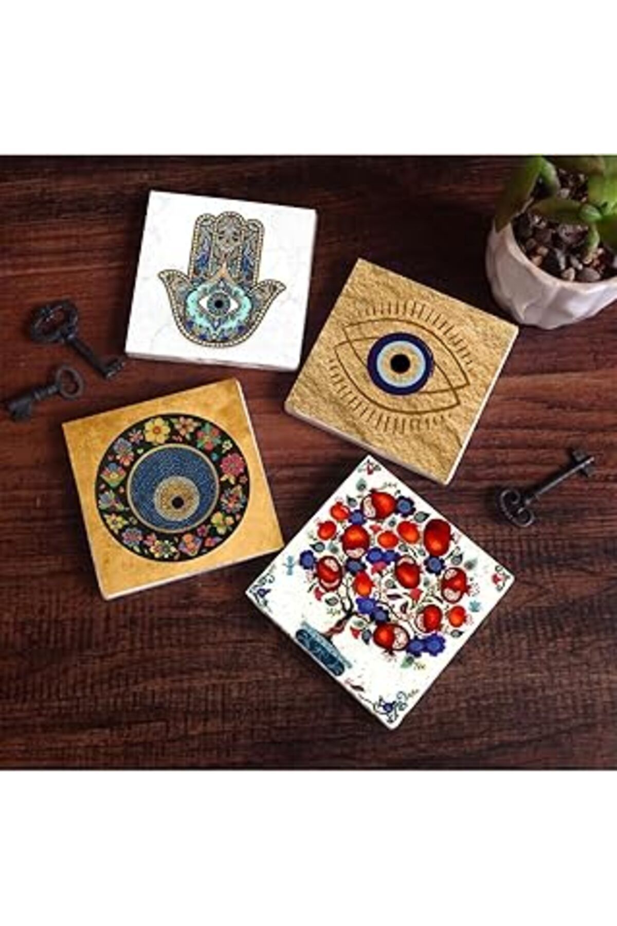 Pazarcan Pinecone Nazar, Nar Ağacı, Fatma Ana Eli (Hamsa) Taş Bardak Altlığı Seti - 4 Parça - Dekoratif, Rus