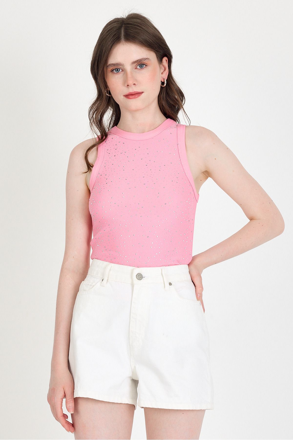 Rays Pembe Taş İşleme Detaylı Halter Yaka Örme Atlet 0349