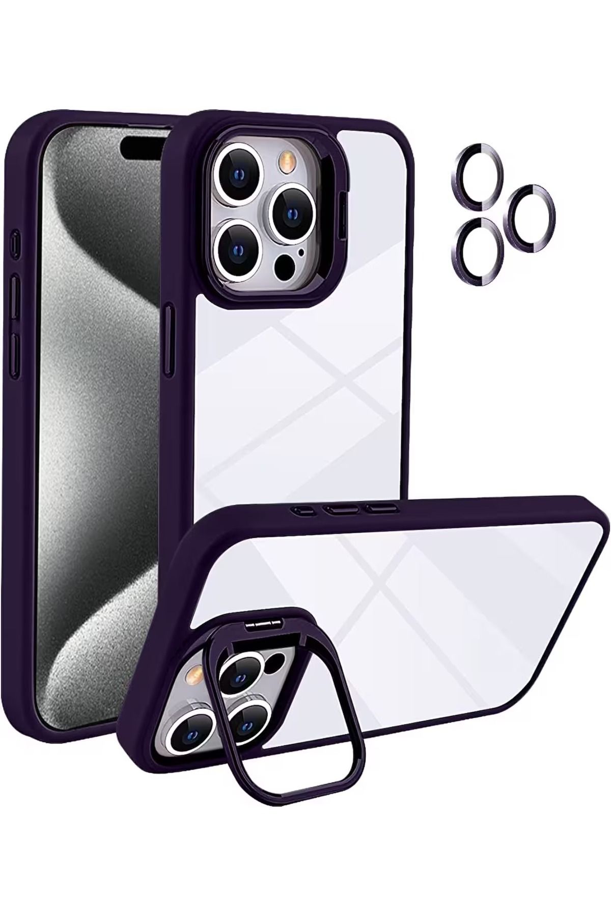 Soffany İPHONE 14 PRO UYUMLU LENSLİ STANDLI KILIF MOR