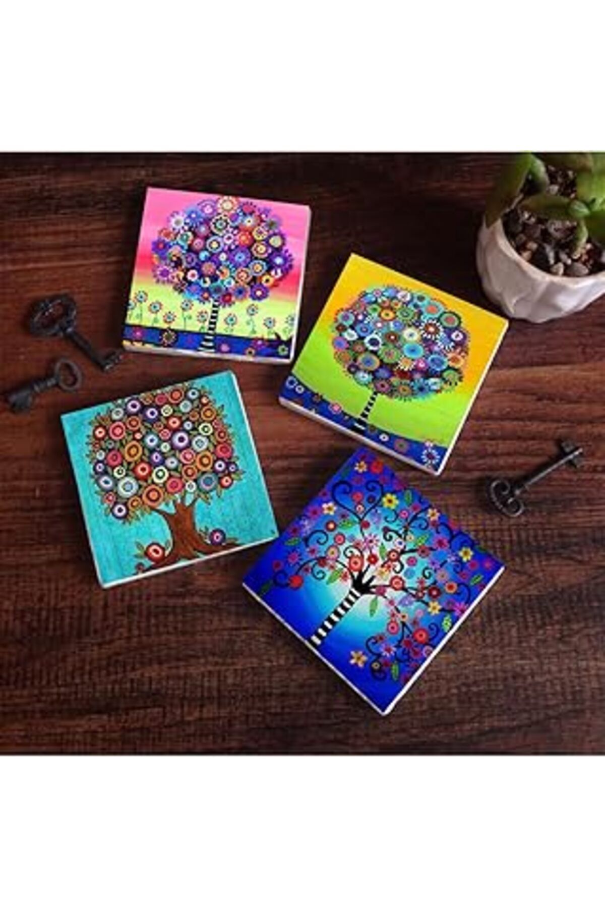 TBSProjects Pinecone Hayat Ağacı Taş Bardak Altlığı Seti - 4 Parça - Dekoratif, Rustik Mutfak Aksesuarı, 10X10