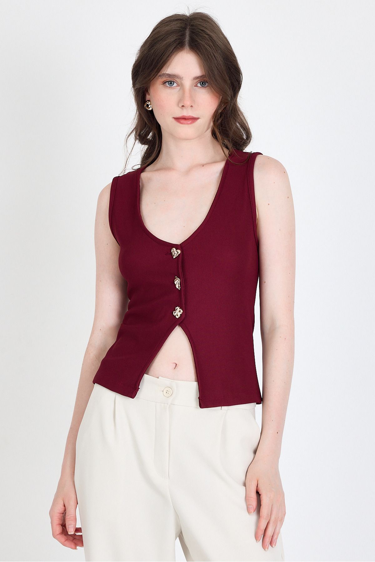 Rays Bordo Düğme Detaylı V Yaka Bluz 018