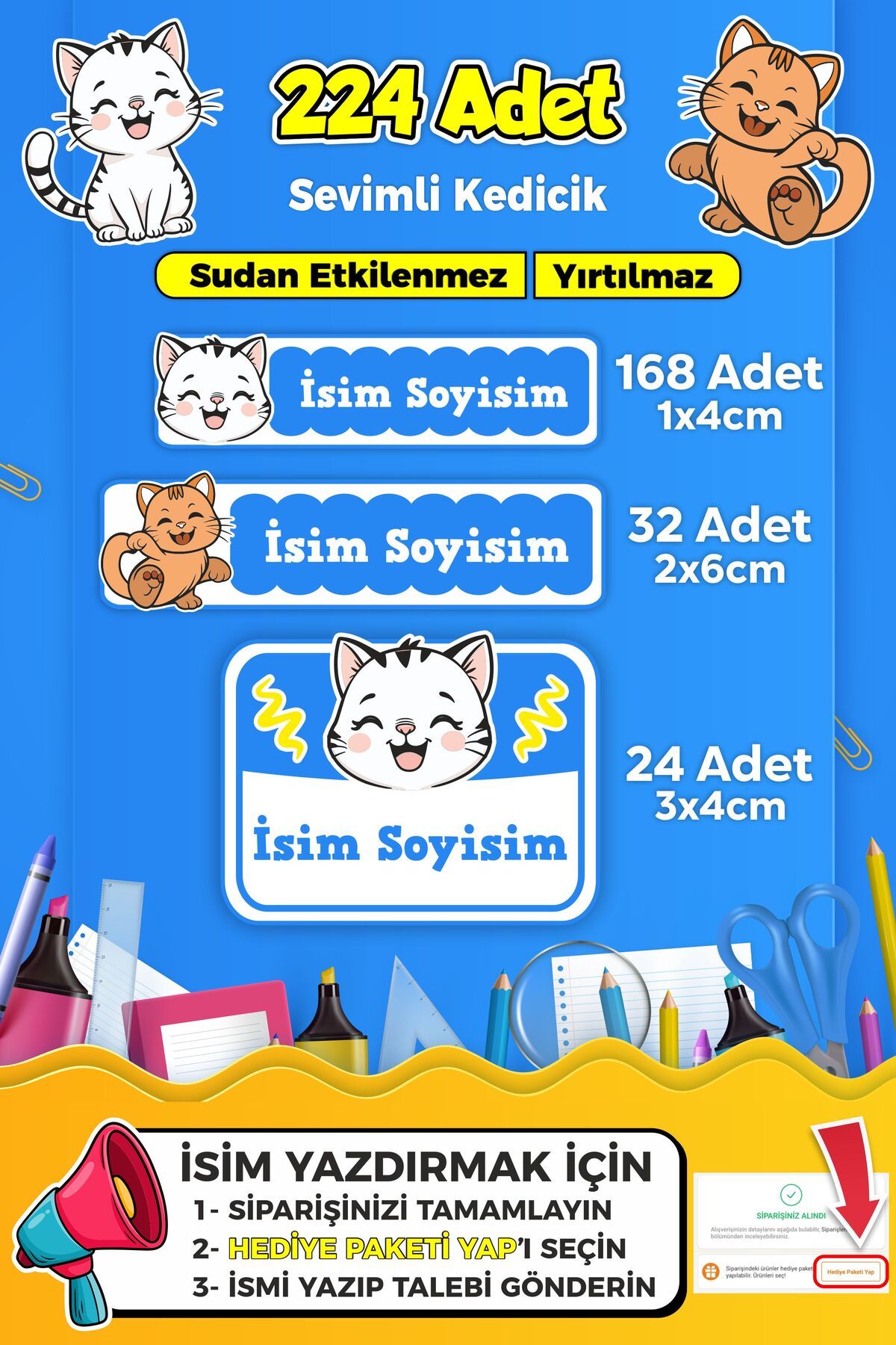 SB store Sevimli Kedi Temalı Okul Kreş Kişiye Özel isim Etiket Seti - Model 370
