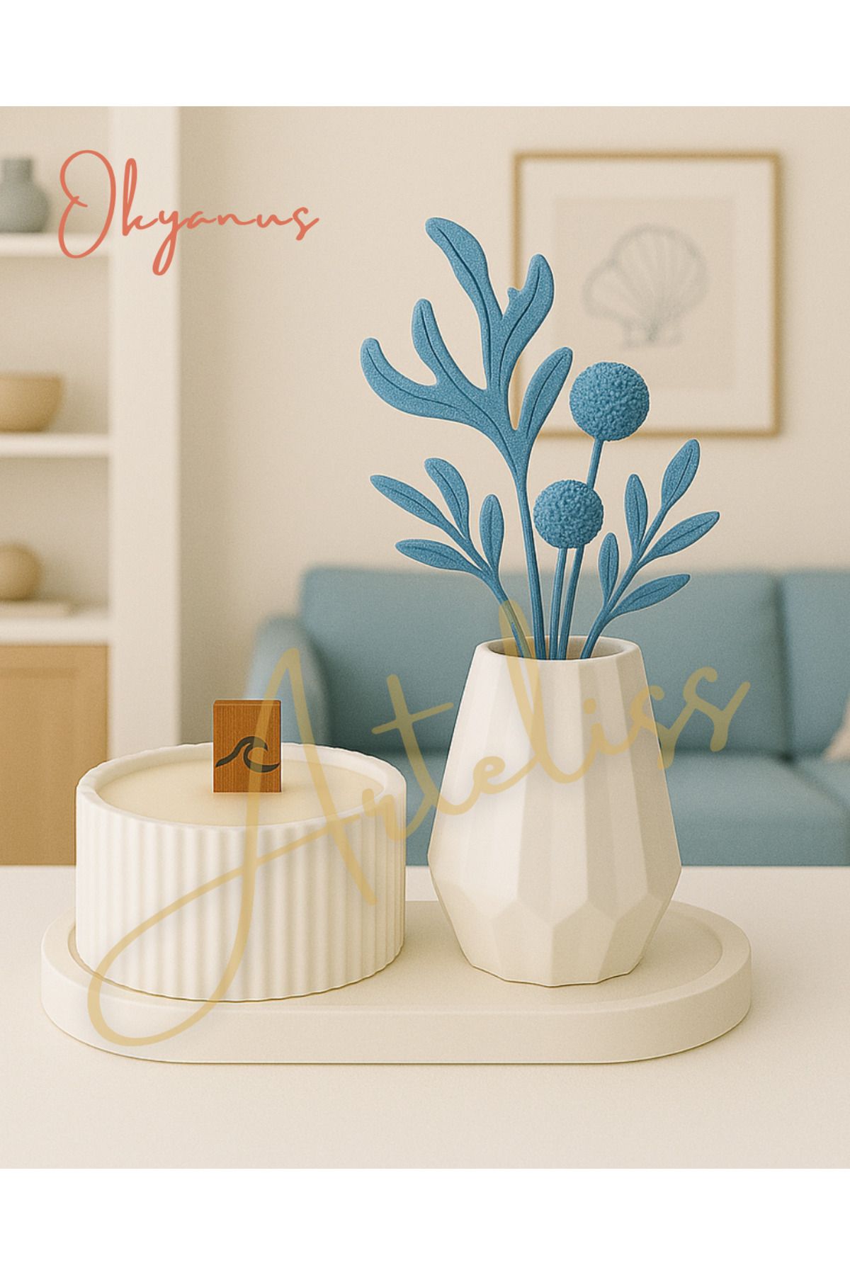 Arteliss Okyanus Kokulu Ahşap Fitilli Mum & Vazo Seti - | Dekoratif Tepsili | Minimal İskandinav Dekor