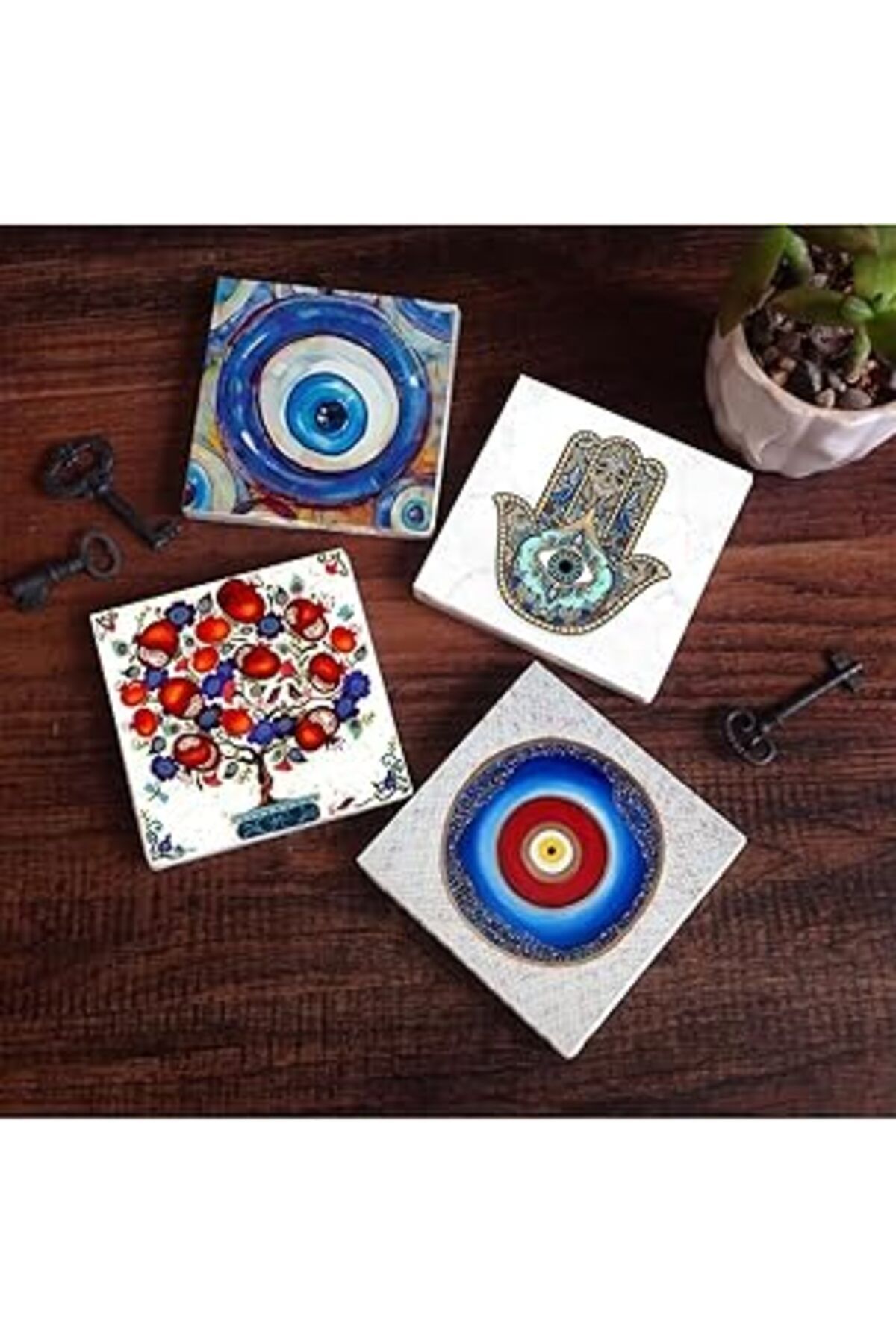 TBSProjects Pinecone Nazar, Nar Ağacı, Fatma Ana Eli (Hamsa) Taş Bardak Altlığı Seti - 4 Parça - Dekoratif, Rus