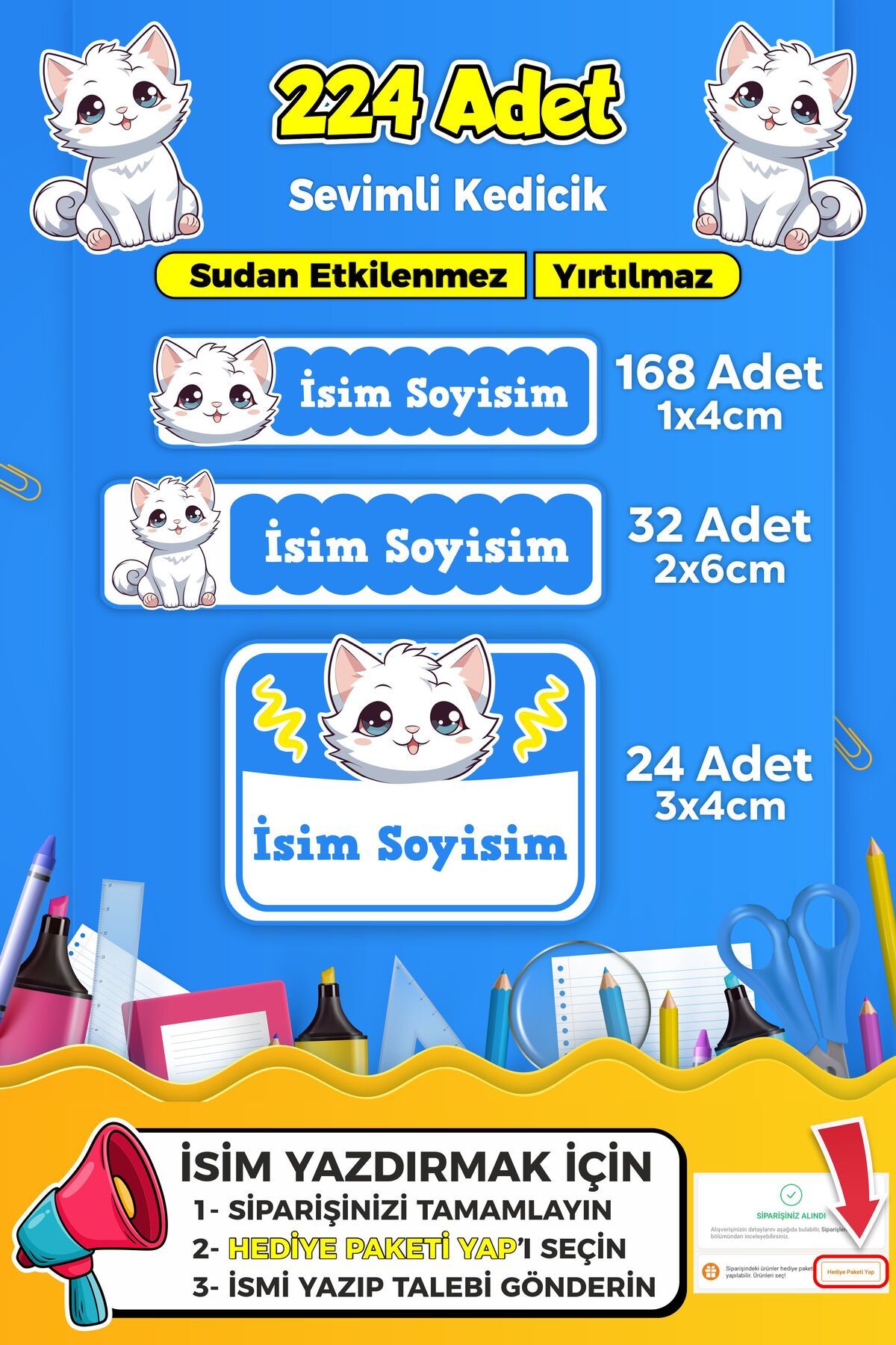 SB store Sevimli Kedi Temalı Okul Kreş Kişiye Özel isim Etiket Seti - Model 376